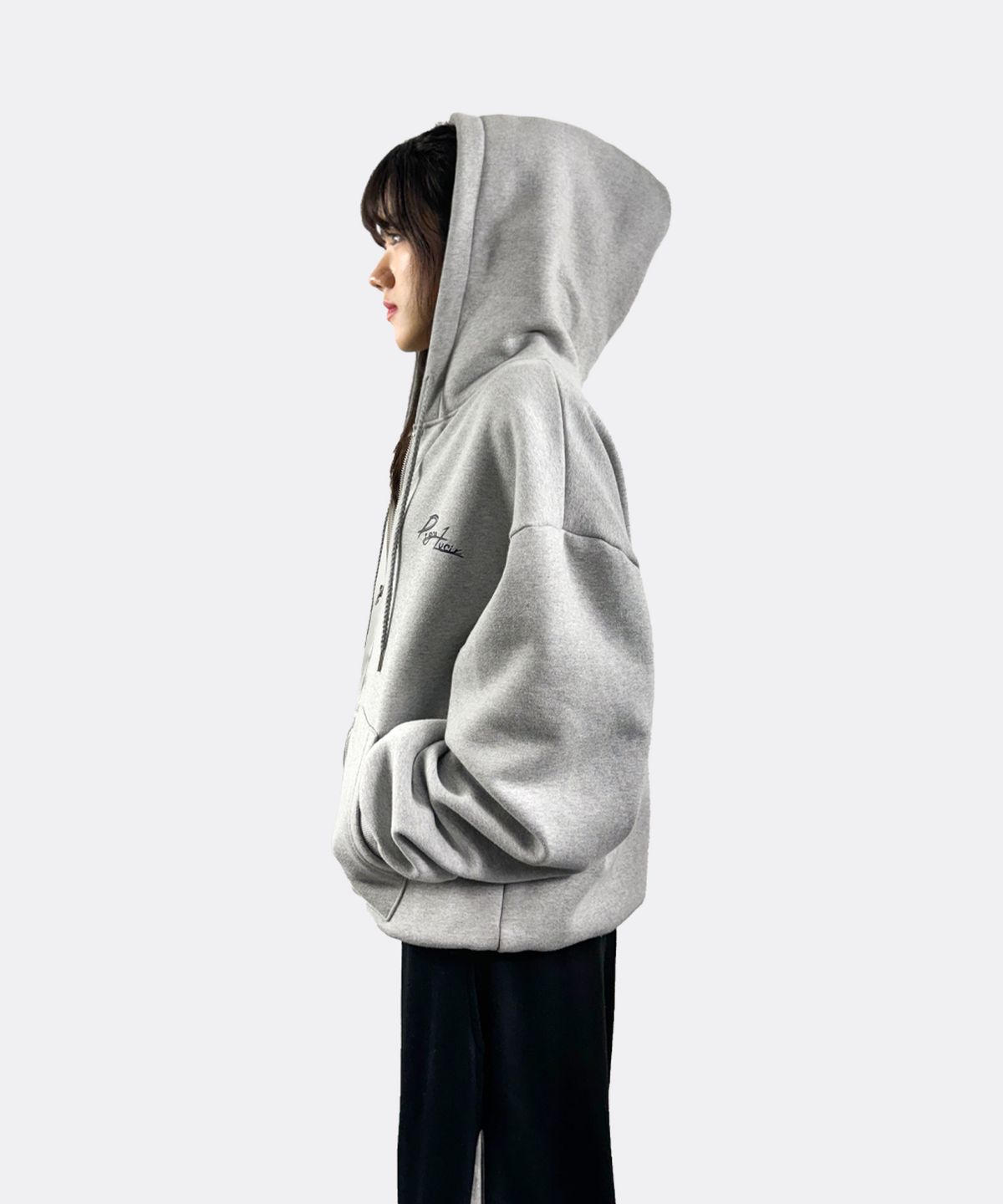 디그노루시르(DIGNOLUCIR) 레터링 크롭  기모 후드집업(gray)