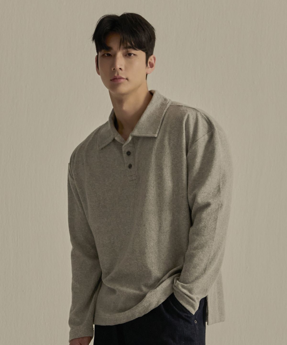 나인제트(NINEZ) 소프트 테리 오버핏 긴팔 카라티 (멜란지 그레이) 24PL01