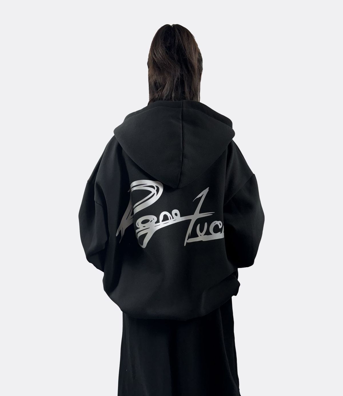 디그노루시르(DIGNOLUCIR) 레터링 오버핏 기모 후드집업 (black)