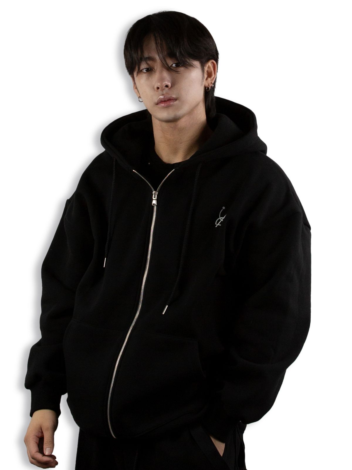 디그노루시르(DIGNOLUCIR) 레터링 오버핏 기모 후드집업 (black)