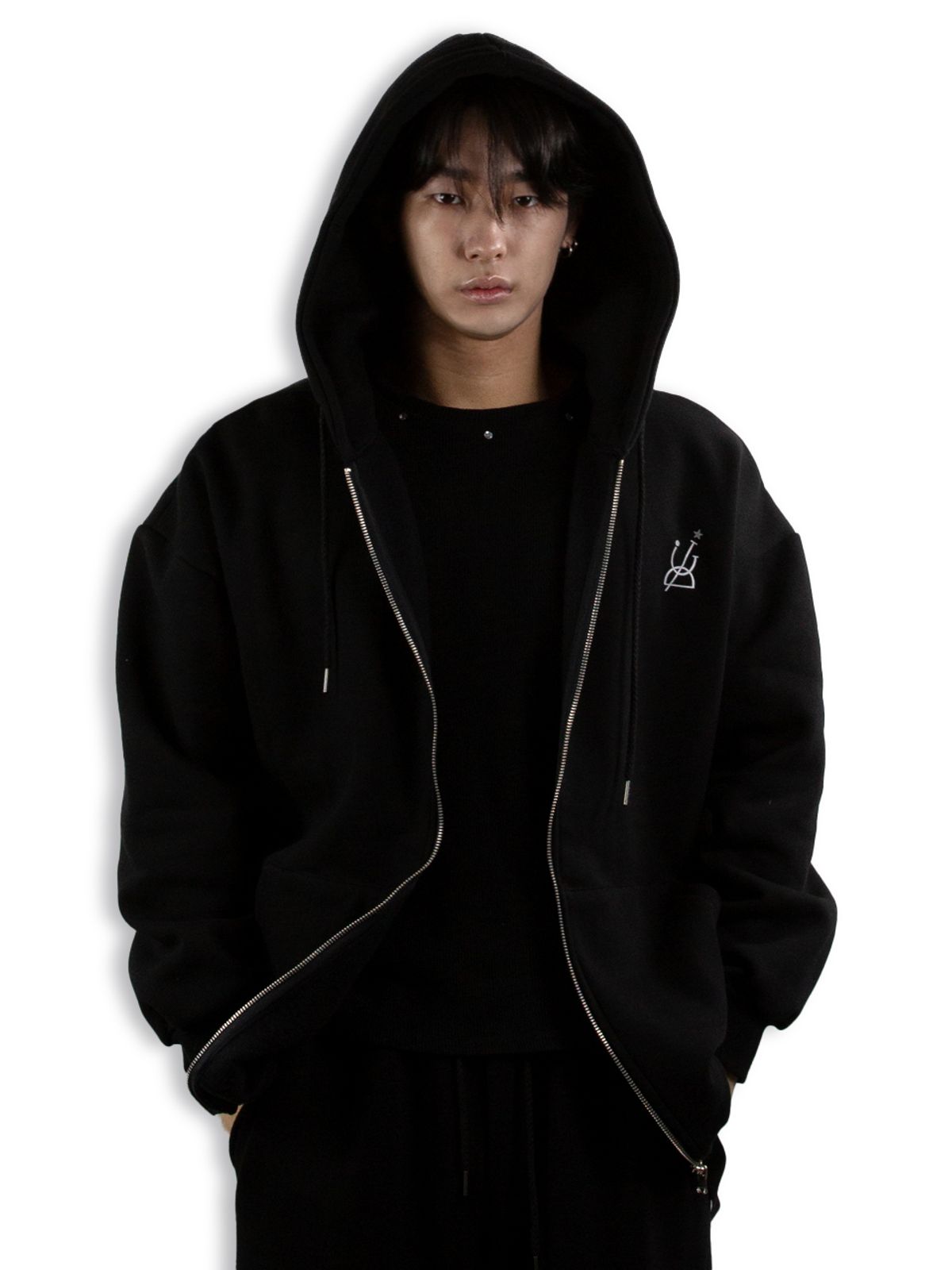 디그노루시르(DIGNOLUCIR) 레터링 오버핏 기모 후드집업 (black)
