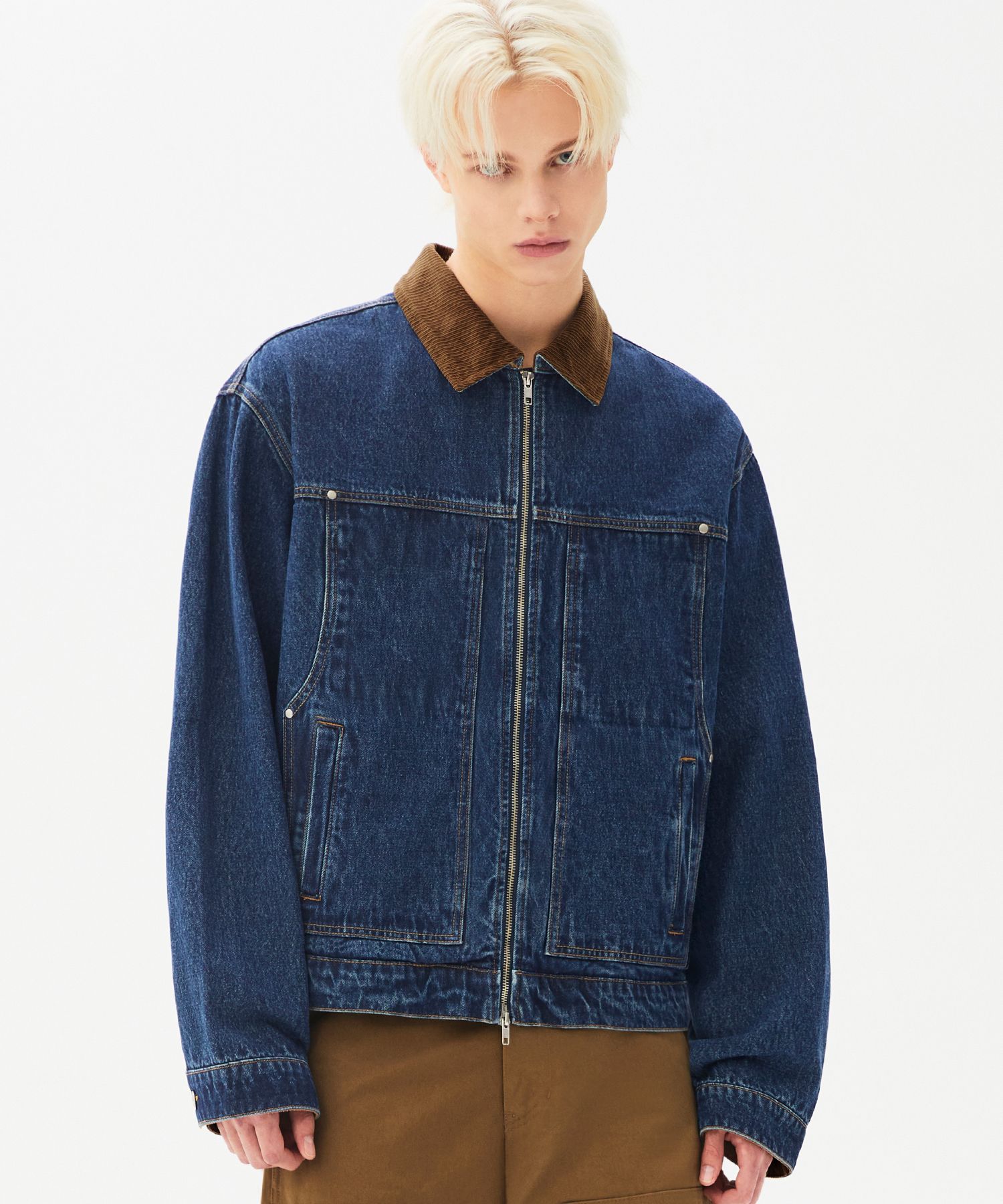 MUSINSA | TRILLION CORDUROY COLLAR DENIM ZIP-UP WORK JACKET