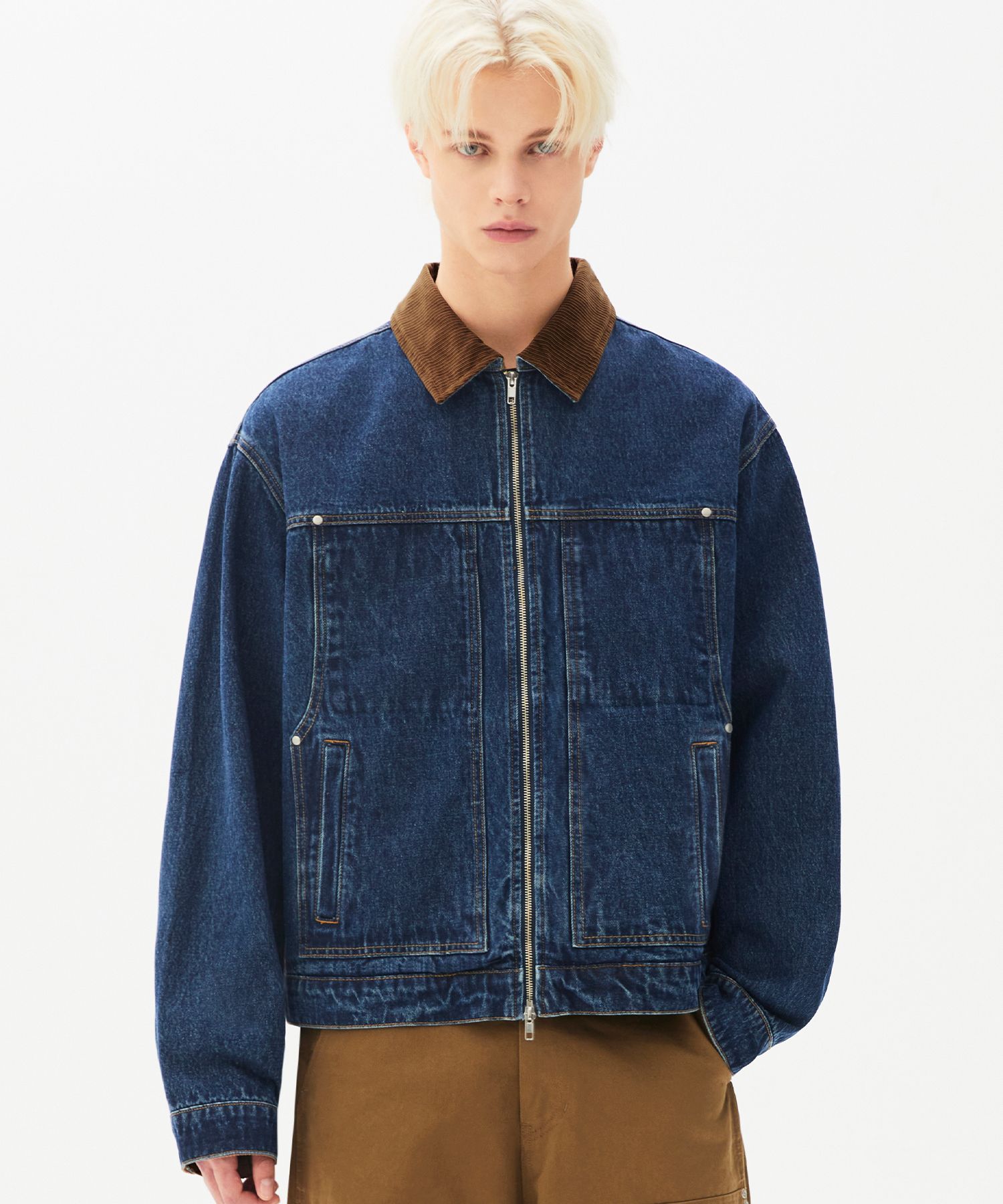MUSINSA | TRILLION CORDUROY COLLAR DENIM ZIP-UP WORK JACKET