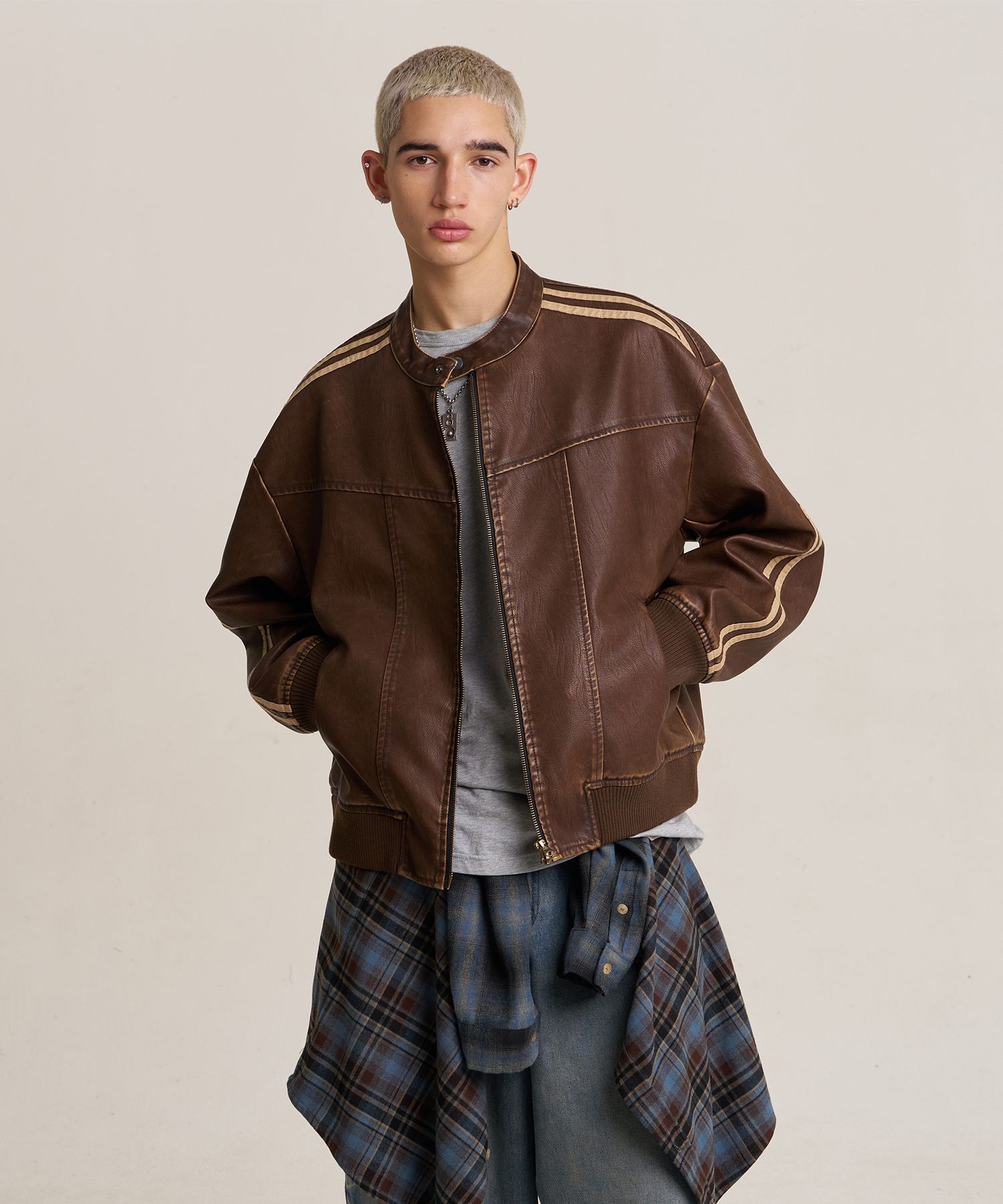 MUSINSA | SUPERSUB Vintage Track Biker Leather Jumper - Brown