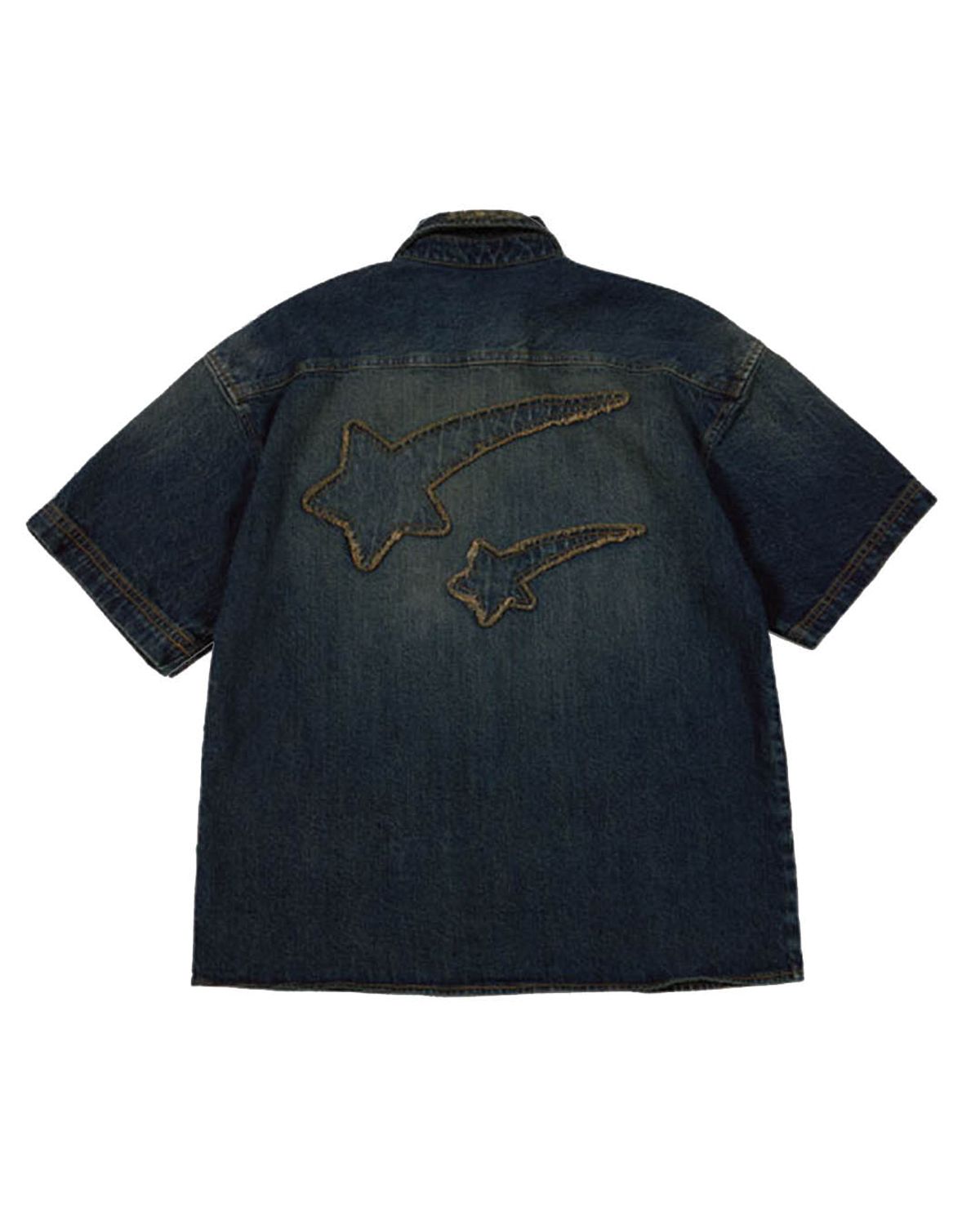 더뮤지엄비지터(THEMUSEUMVISITOR) STAR DAMAGED DENIM HALF SHIRTS (YELLOW BLUE)