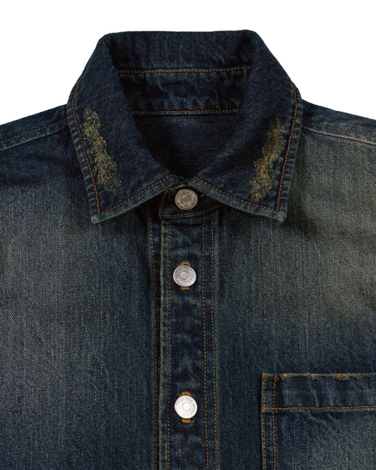 더뮤지엄비지터(THEMUSEUMVISITOR) STAR DAMAGED DENIM HALF SHIRTS (YELLOW BLUE)