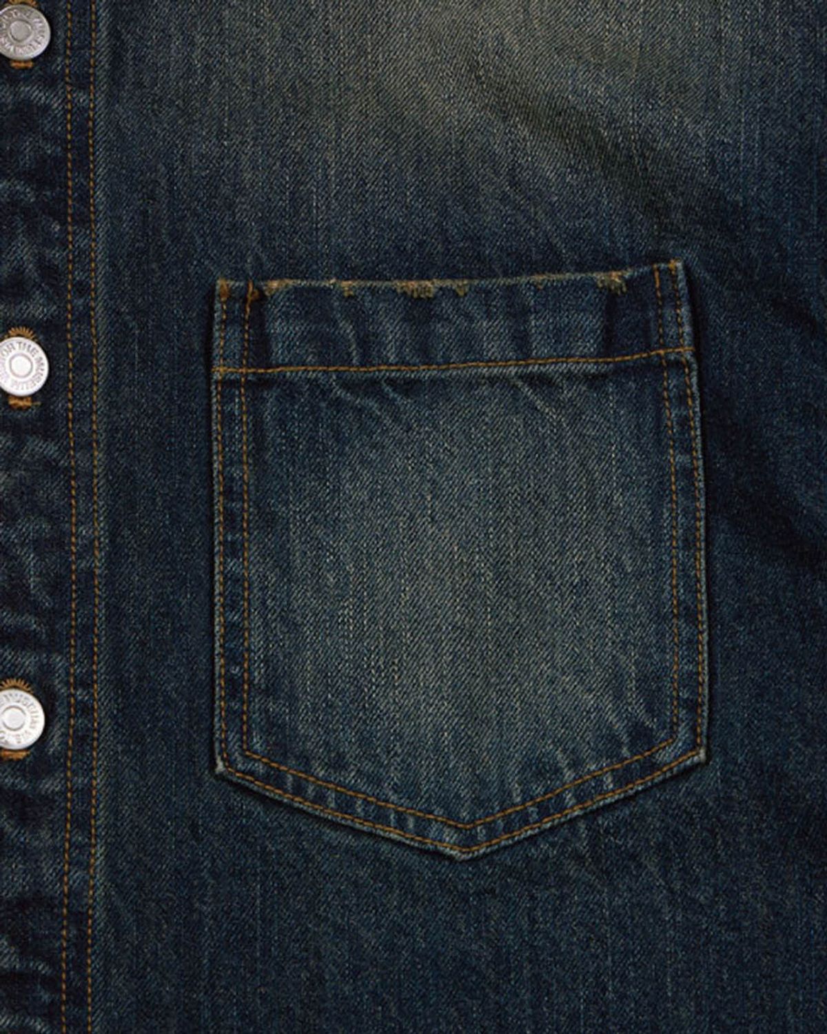 더뮤지엄비지터(THEMUSEUMVISITOR) STAR DAMAGED DENIM HALF SHIRTS (YELLOW BLUE)