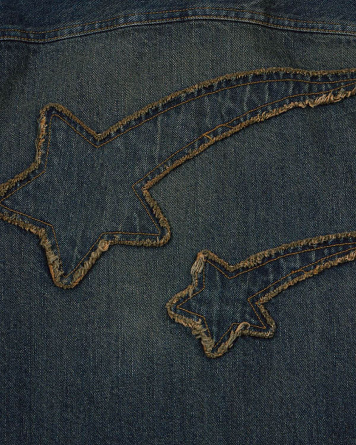 더뮤지엄비지터(THEMUSEUMVISITOR) STAR DAMAGED DENIM HALF SHIRTS (YELLOW BLUE)