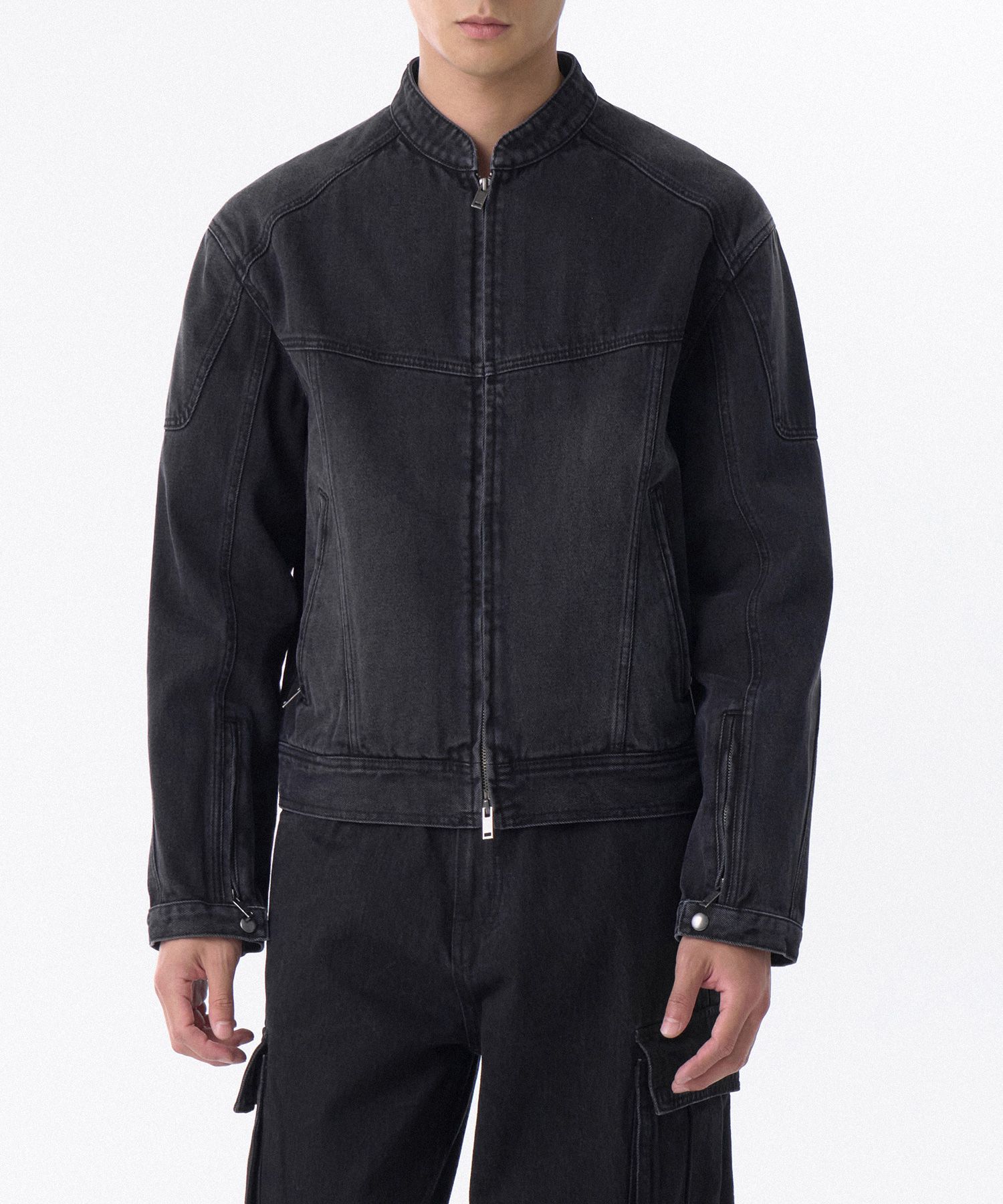 MUSINSA | MUSINSA STANDARD Denim Paneled Racer Jacket [Washed Black]