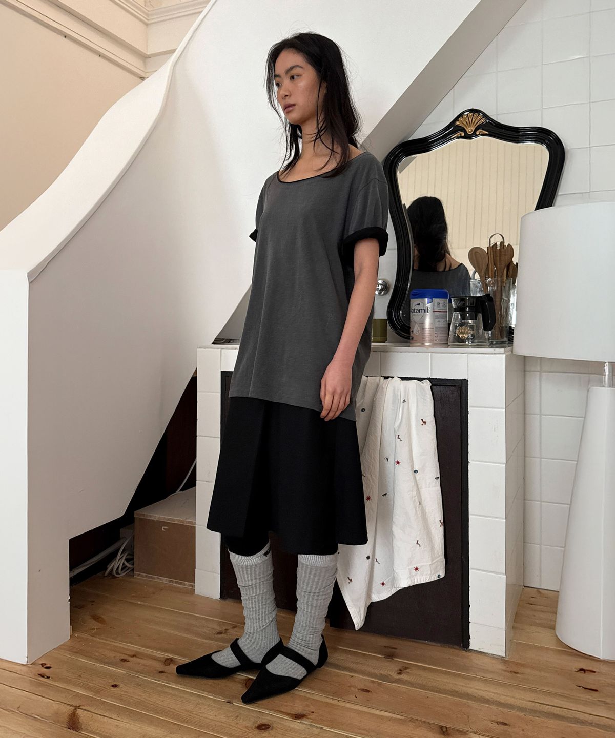 다이애그널(DIAGONAL) LOW RISE MIDI SKIRT (black)