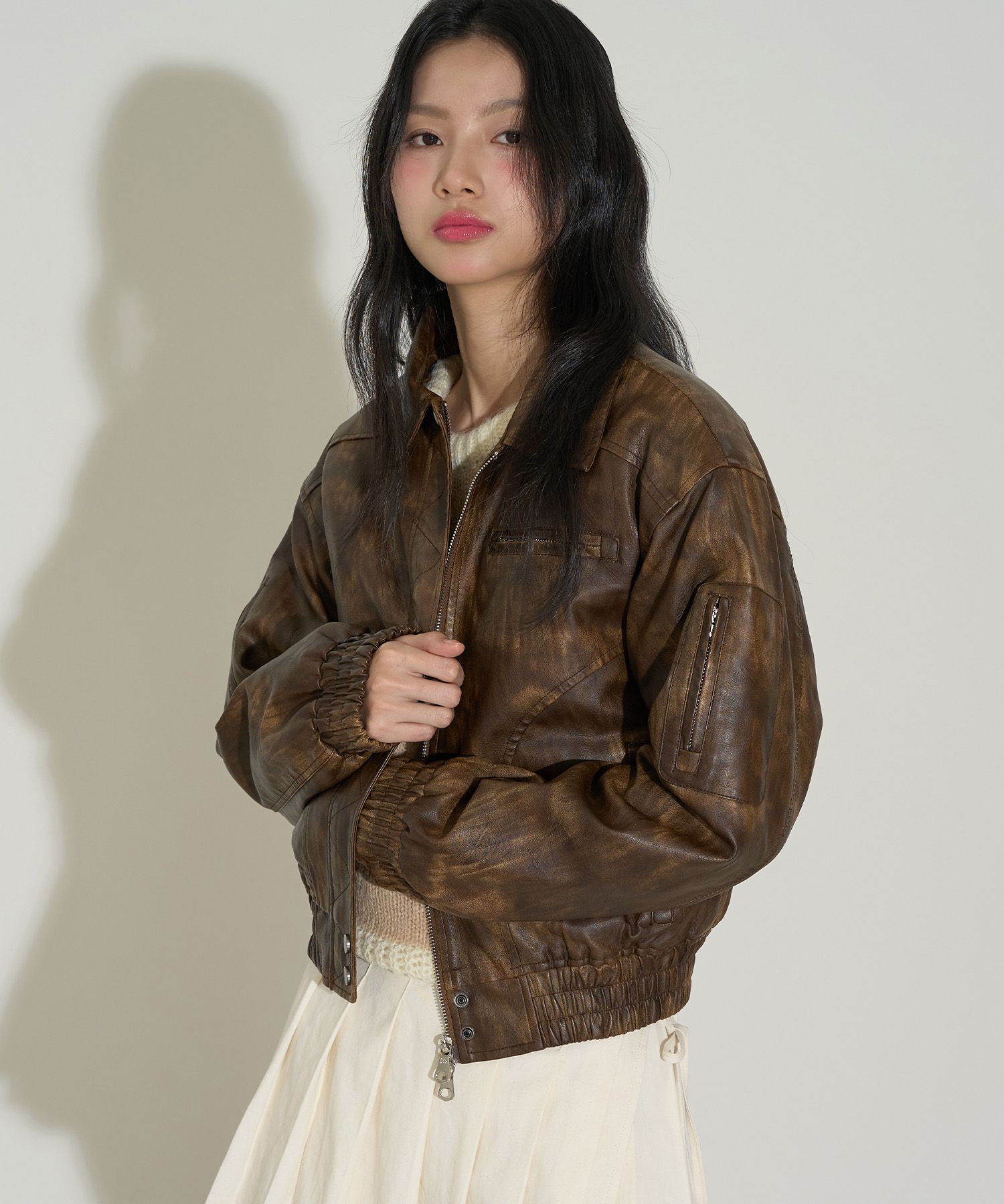 MUSINSA | ILLIGO Washed leather bomber jacket brown