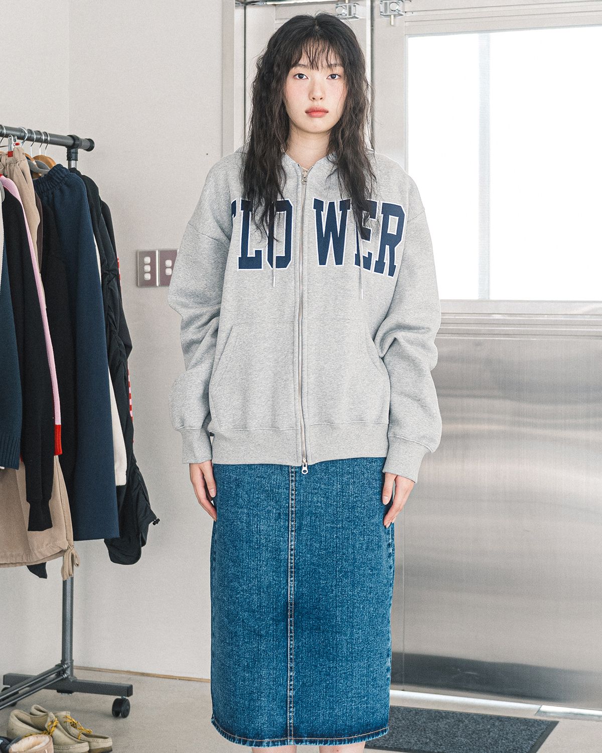 해비즘(HAVISM) FLOWER ZIP UP HOOD(GREY_NAVY)