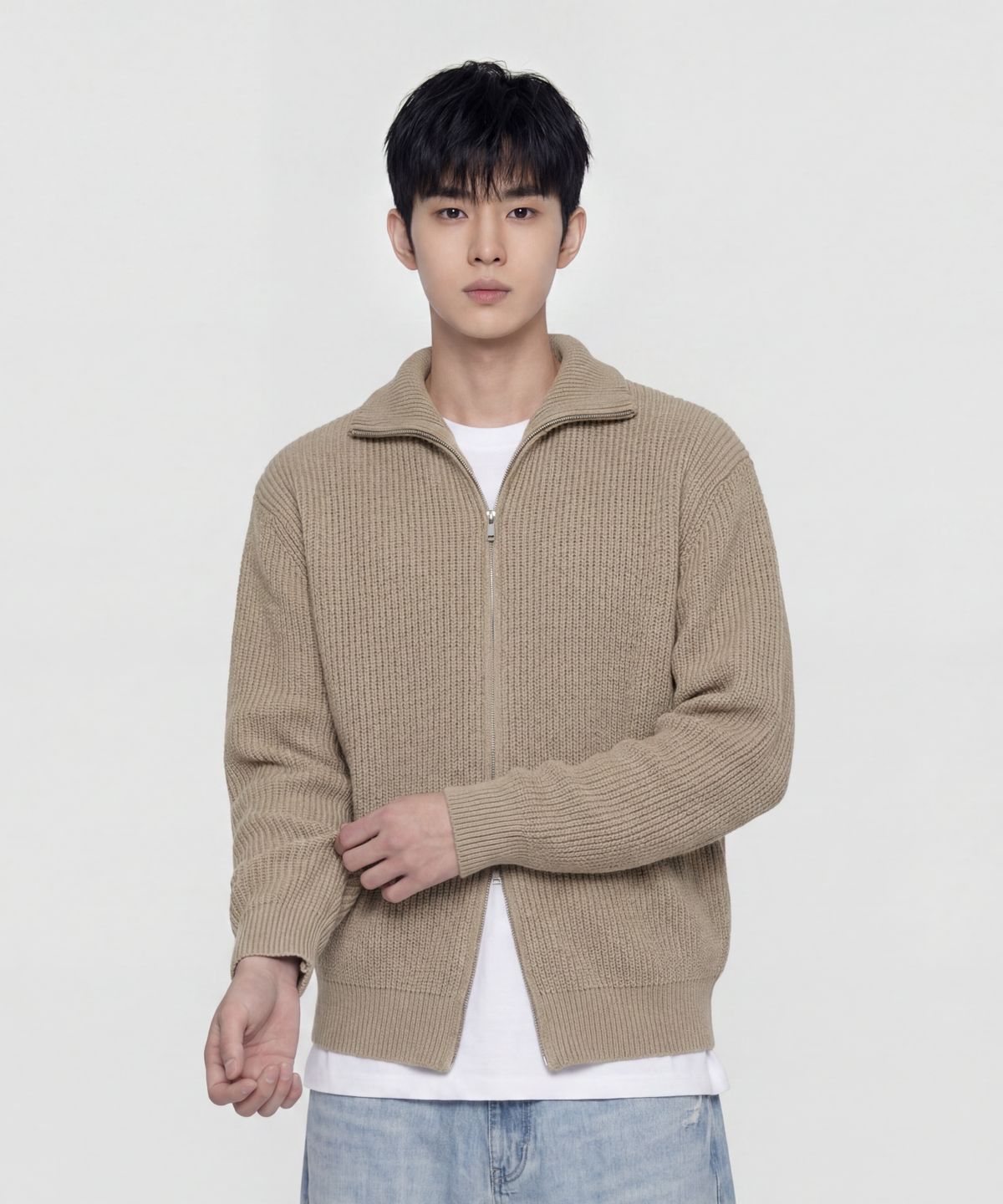 에이지오디(AGOD) 리파인드 투웨이 니트 집업 [베이지]
