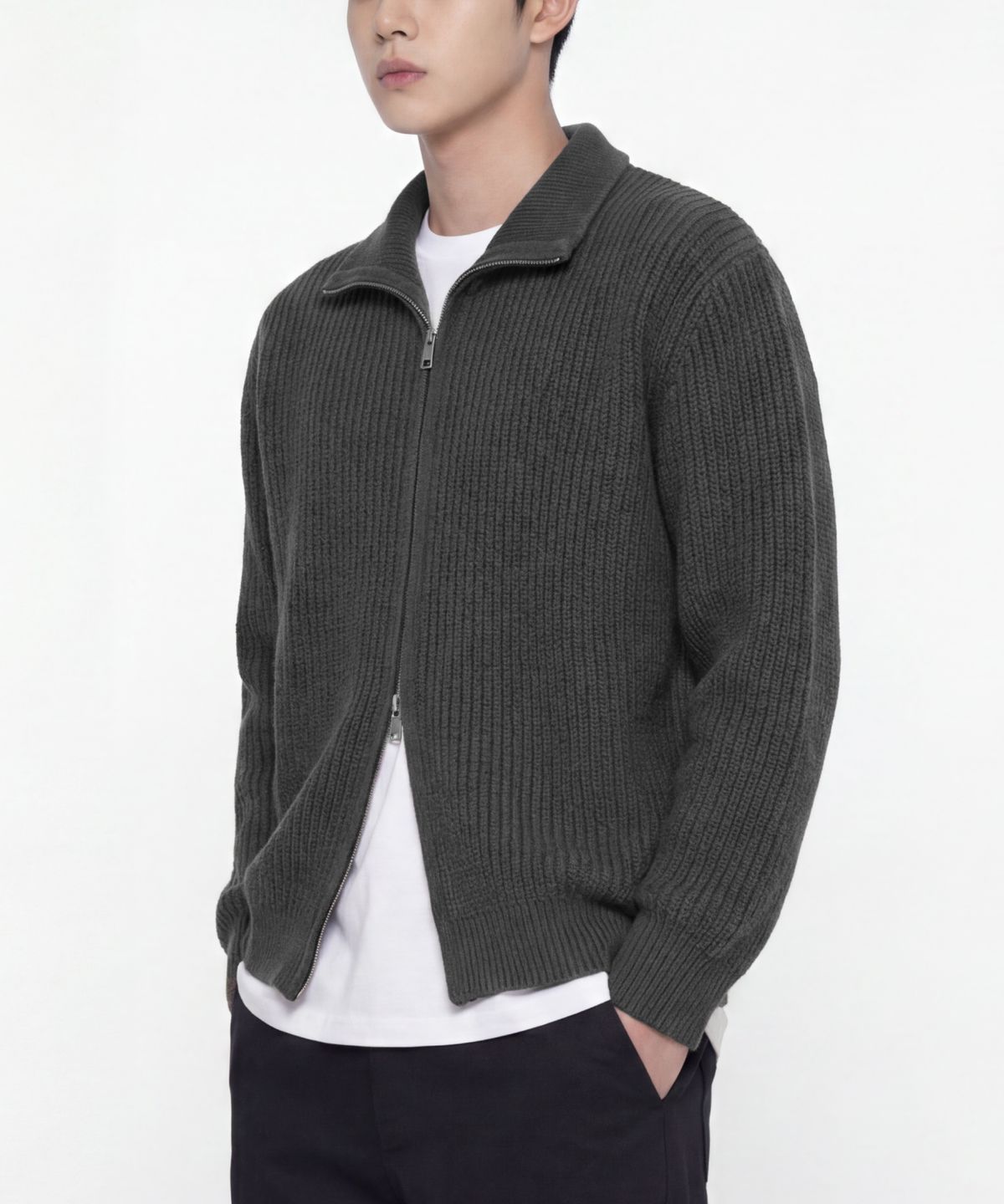 에이지오디(AGOD) 리파인드 투웨이 니트 집업 [차콜]
