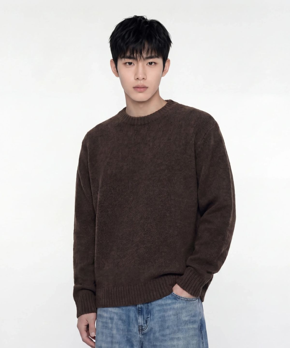 에이지오디(AGOD) 시그니처 데일리 크루넥 니트 [브라운]