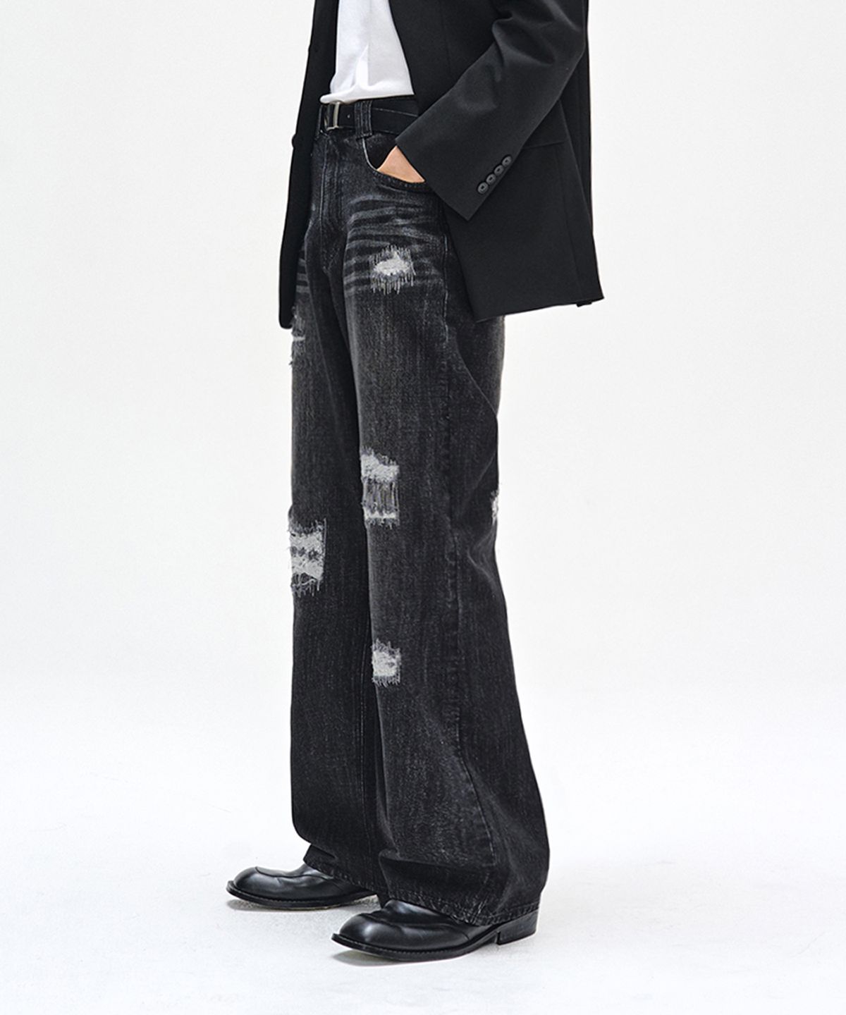 데케트(DECET) Patched Damage Wide Jeans DCPT047BlackB