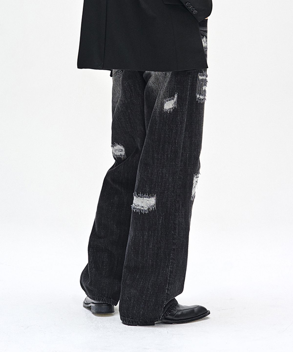 데케트(DECET) Patched Damage Wide Jeans DCPT047BlackB