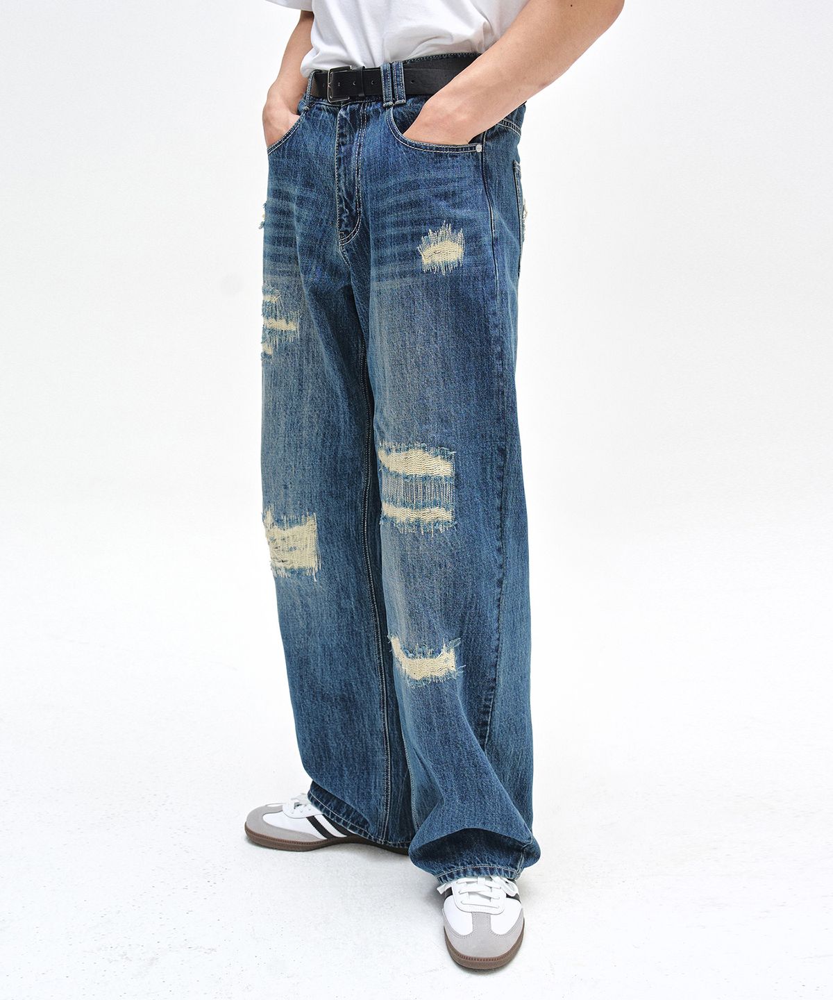 데케트(DECET) Patched Damage Wide Jeans DCPT047BlueB