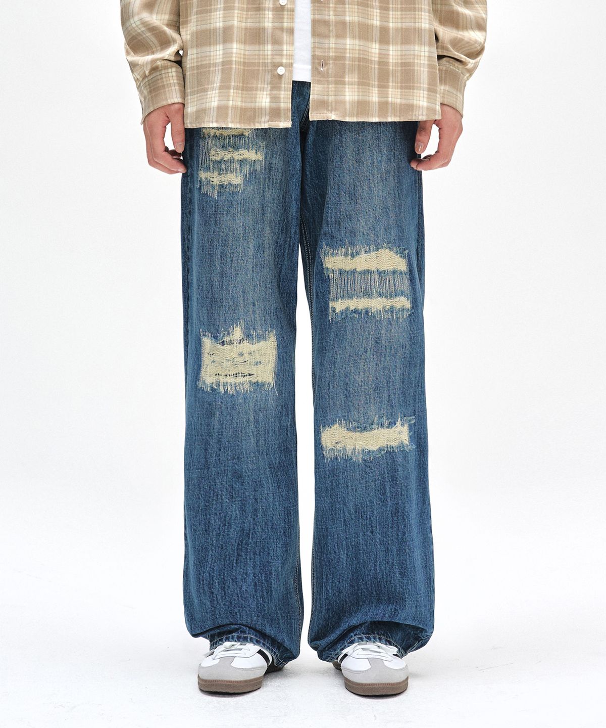 데케트(DECET) Patched Damage Wide Jeans DCPT047BlueB