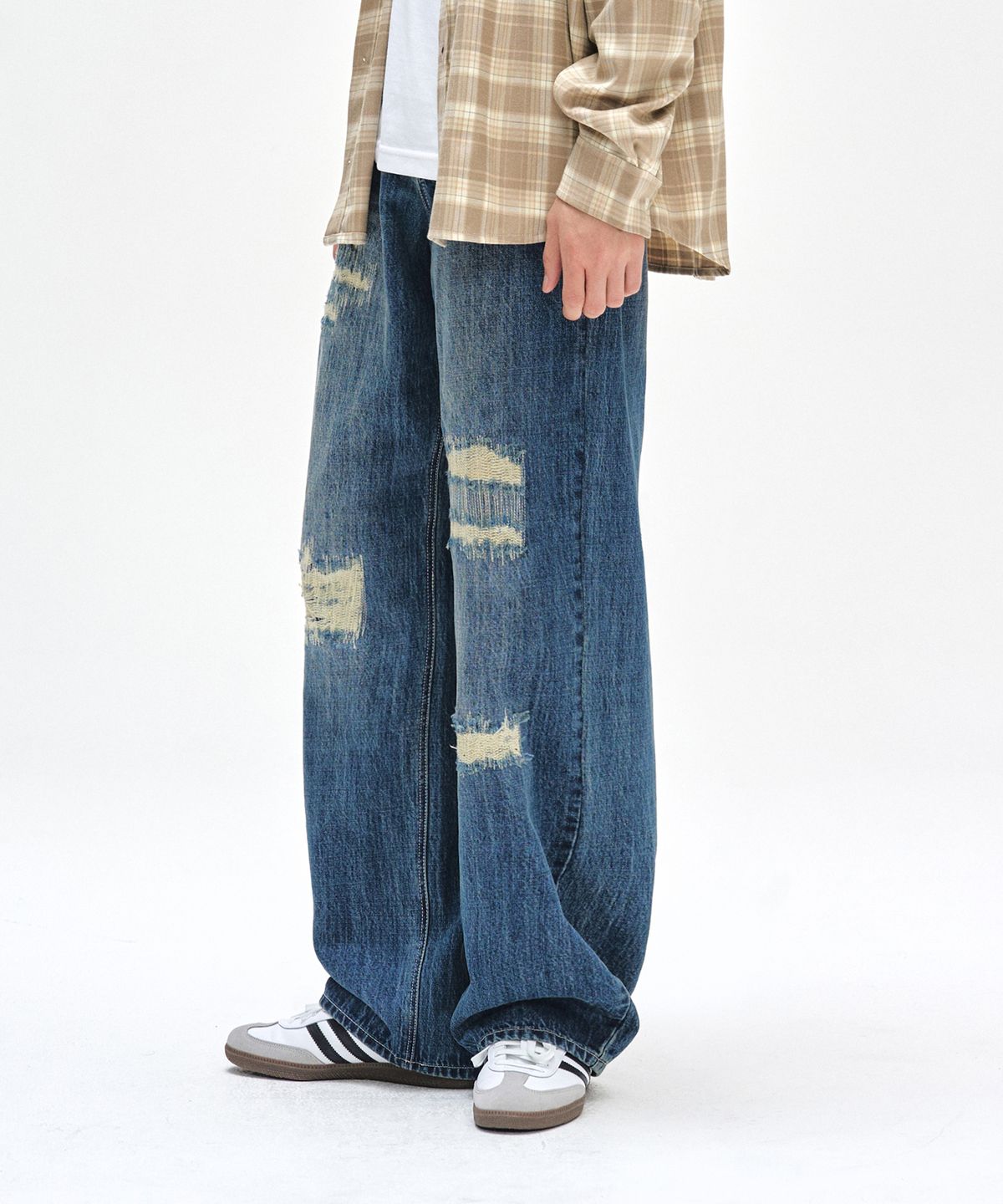 데케트(DECET) Patched Damage Wide Jeans DCPT047BlueB