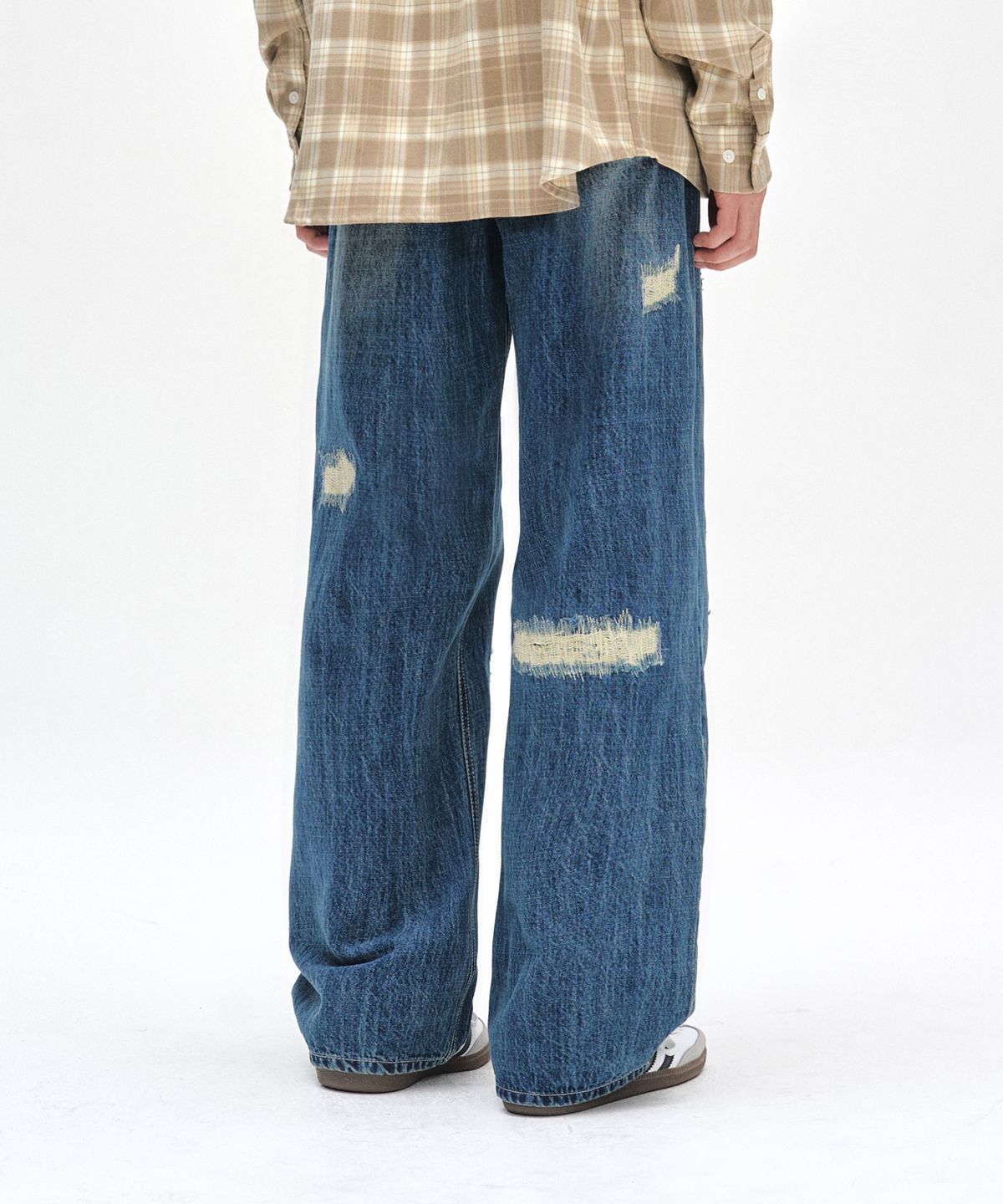 데케트(DECET) Patched Damage Wide Jeans DCPT047BlueB