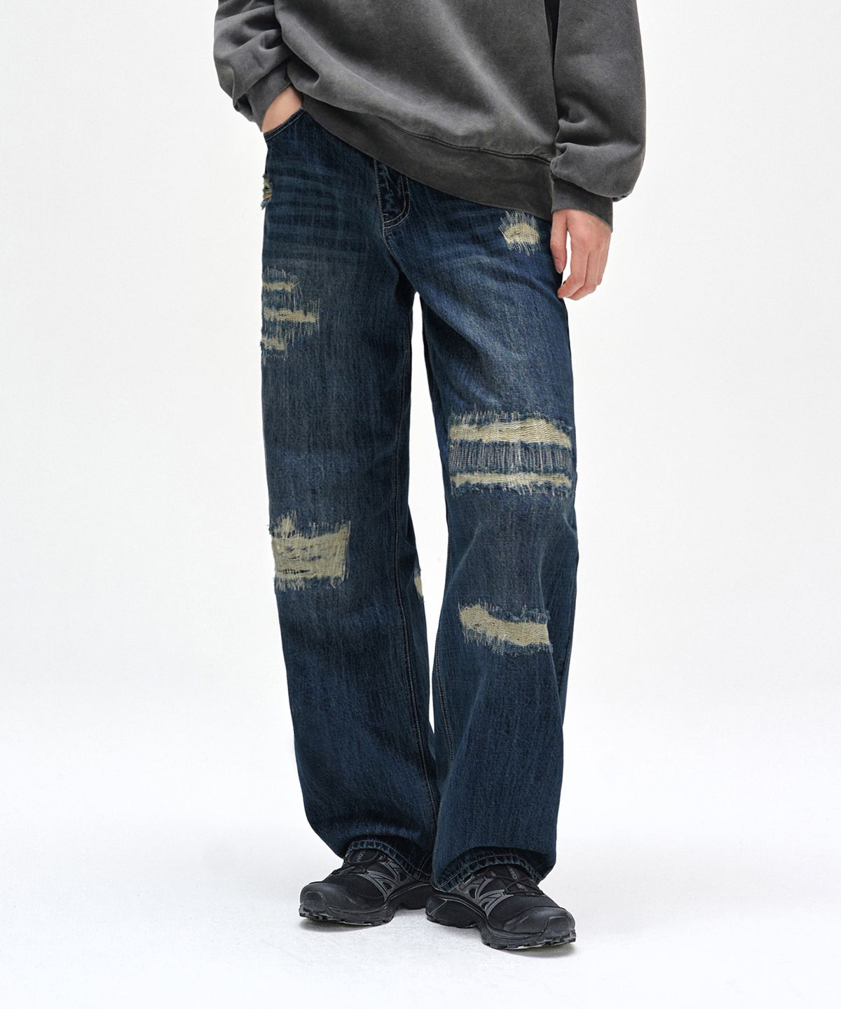 데케트(DECET) Patched Damage Wide Jeans DCPT047DBlueB