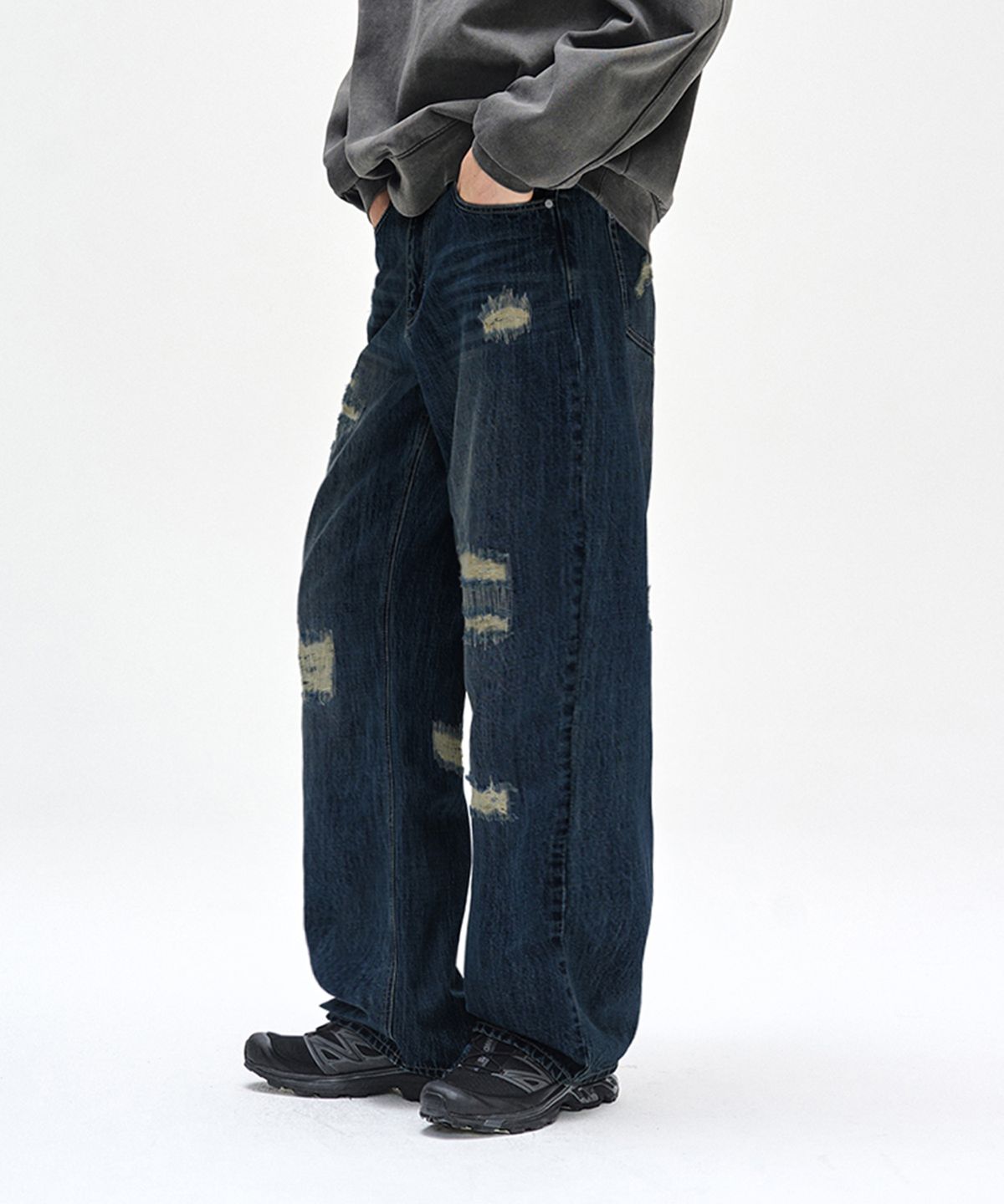 데케트(DECET) Patched Damage Wide Jeans DCPT047DBlueB
