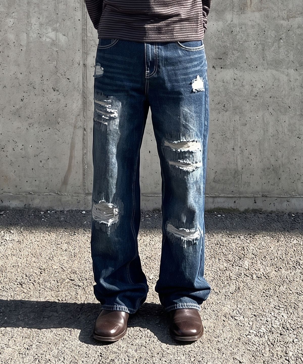 데케트(DECET) Patched Damage Wide Jeans DCPT047DBlueB