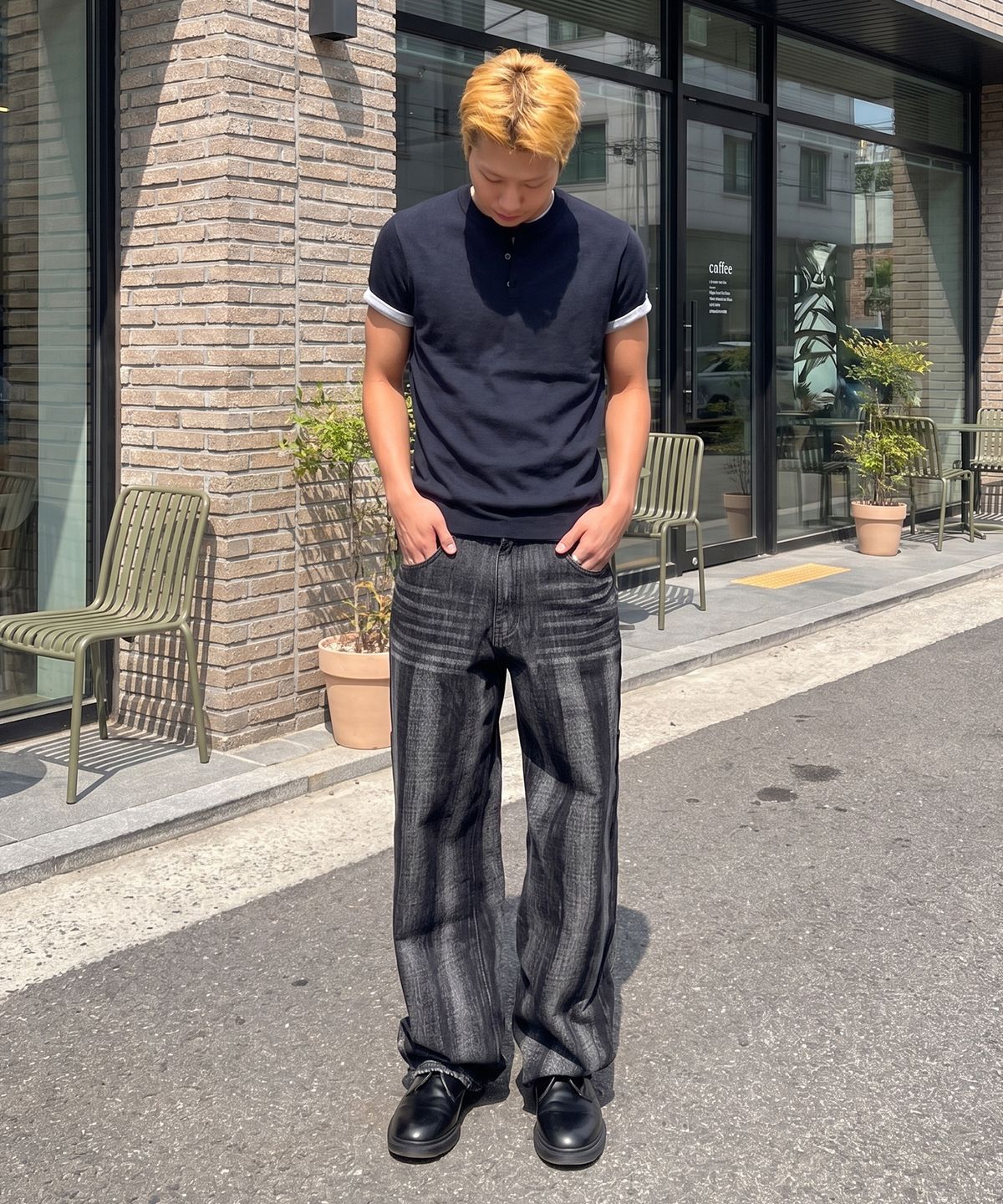 데케트(DECET) Stripe Bleach Wide Jeans DCPT049BlackB