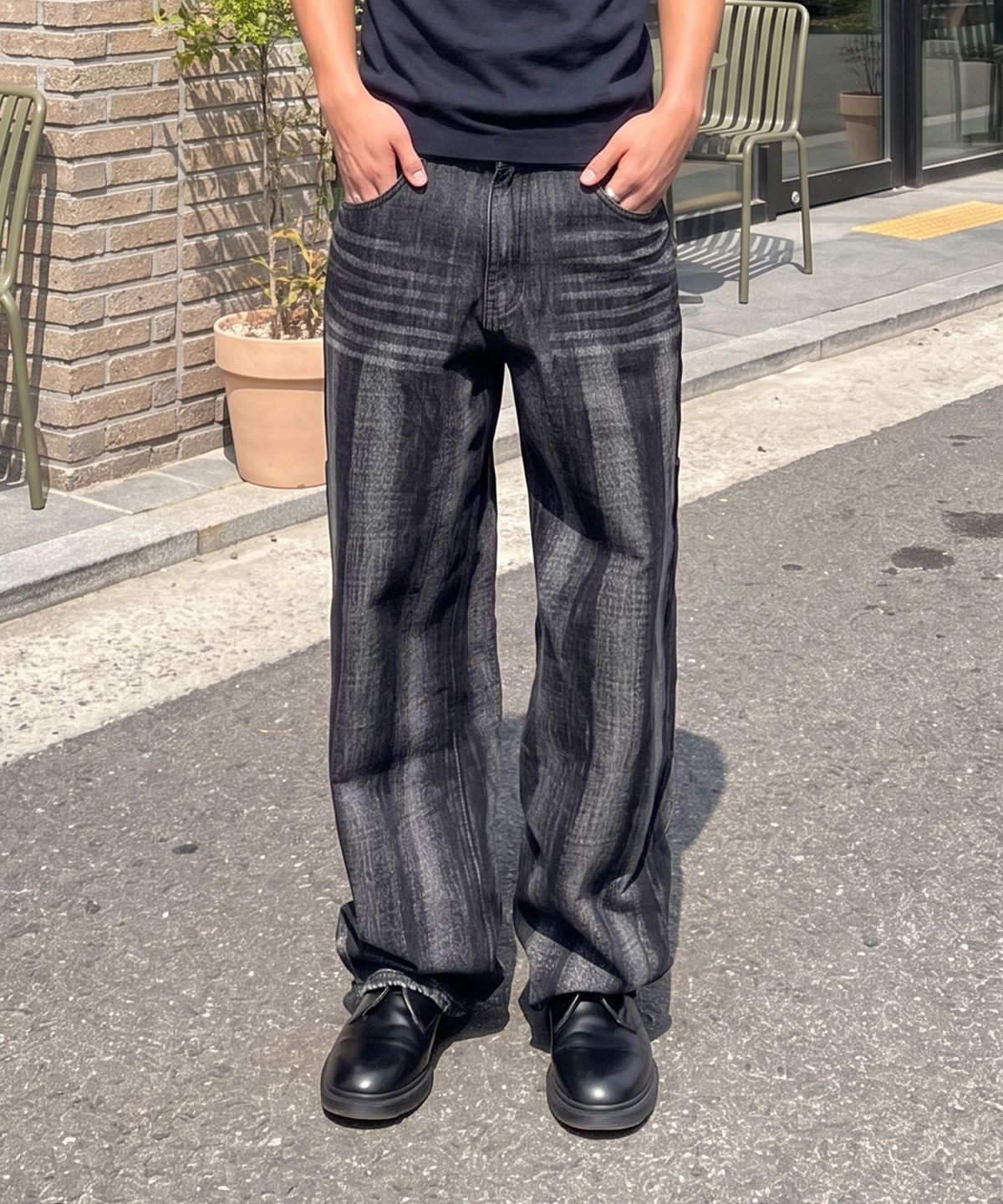데케트(DECET) Stripe Bleach Wide Jeans DCPT049BlackB