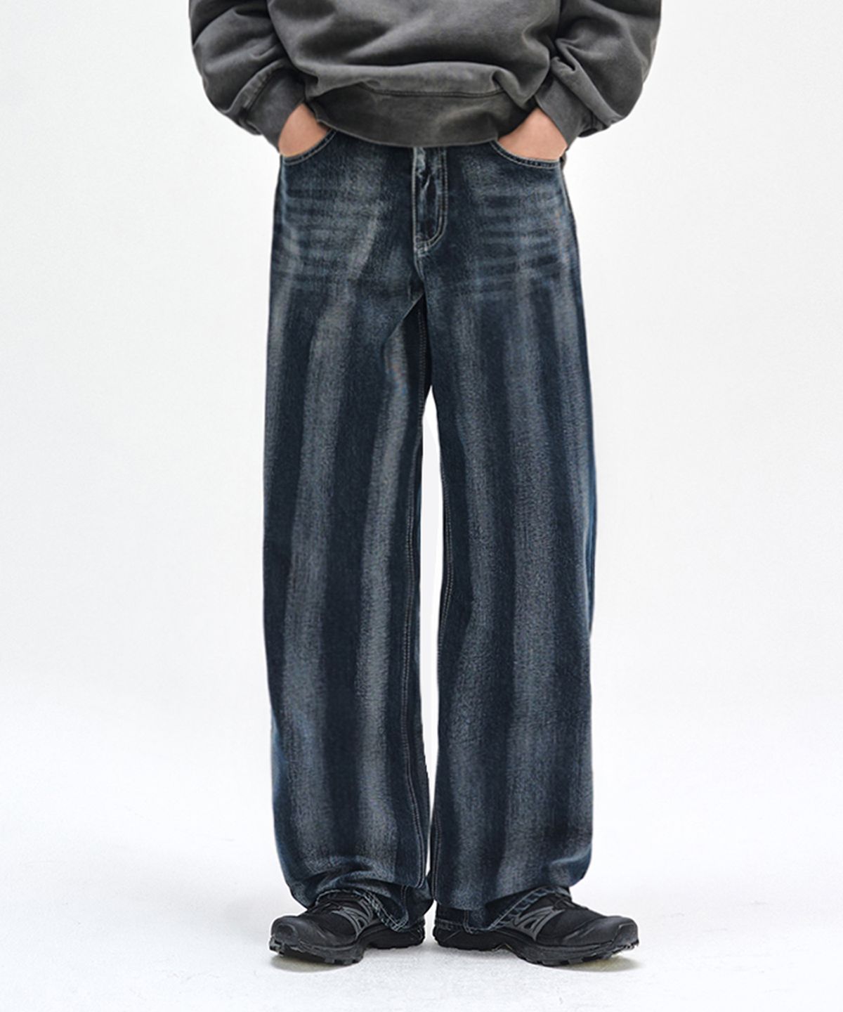 데케트(DECET) Stripe Bleach Wide Jeans DCPT049DBlueB