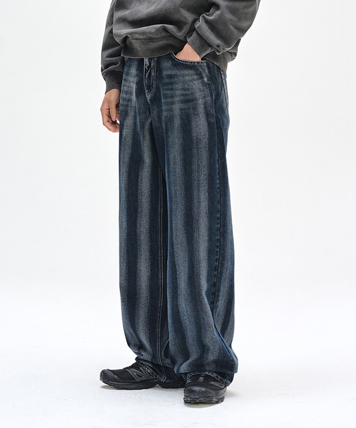 데케트(DECET) Stripe Bleach Wide Jeans DCPT049DBlueB