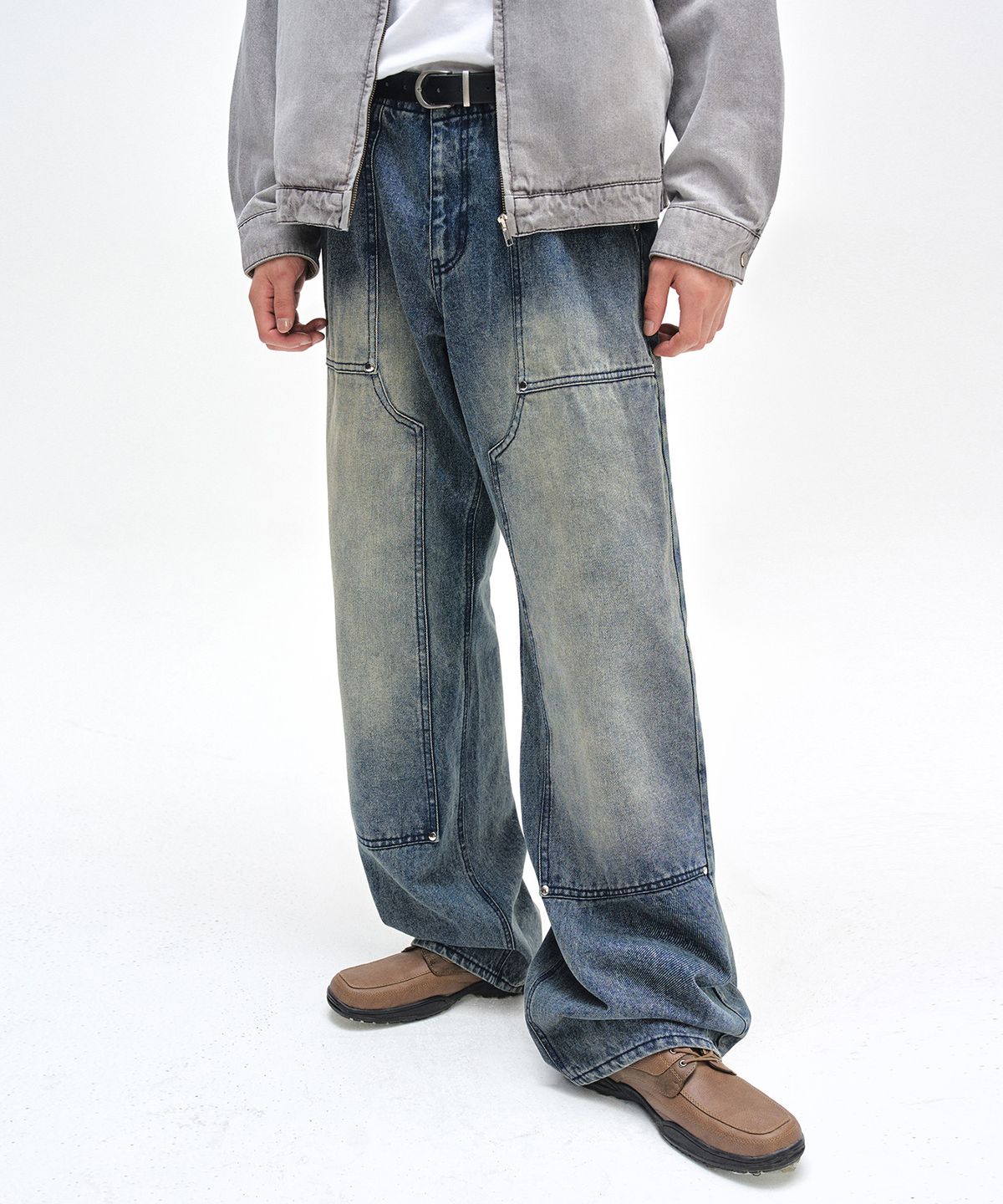 데케트(DECET) Double Knee Fatigue Wide Jeans DCPT052STNGRBlue