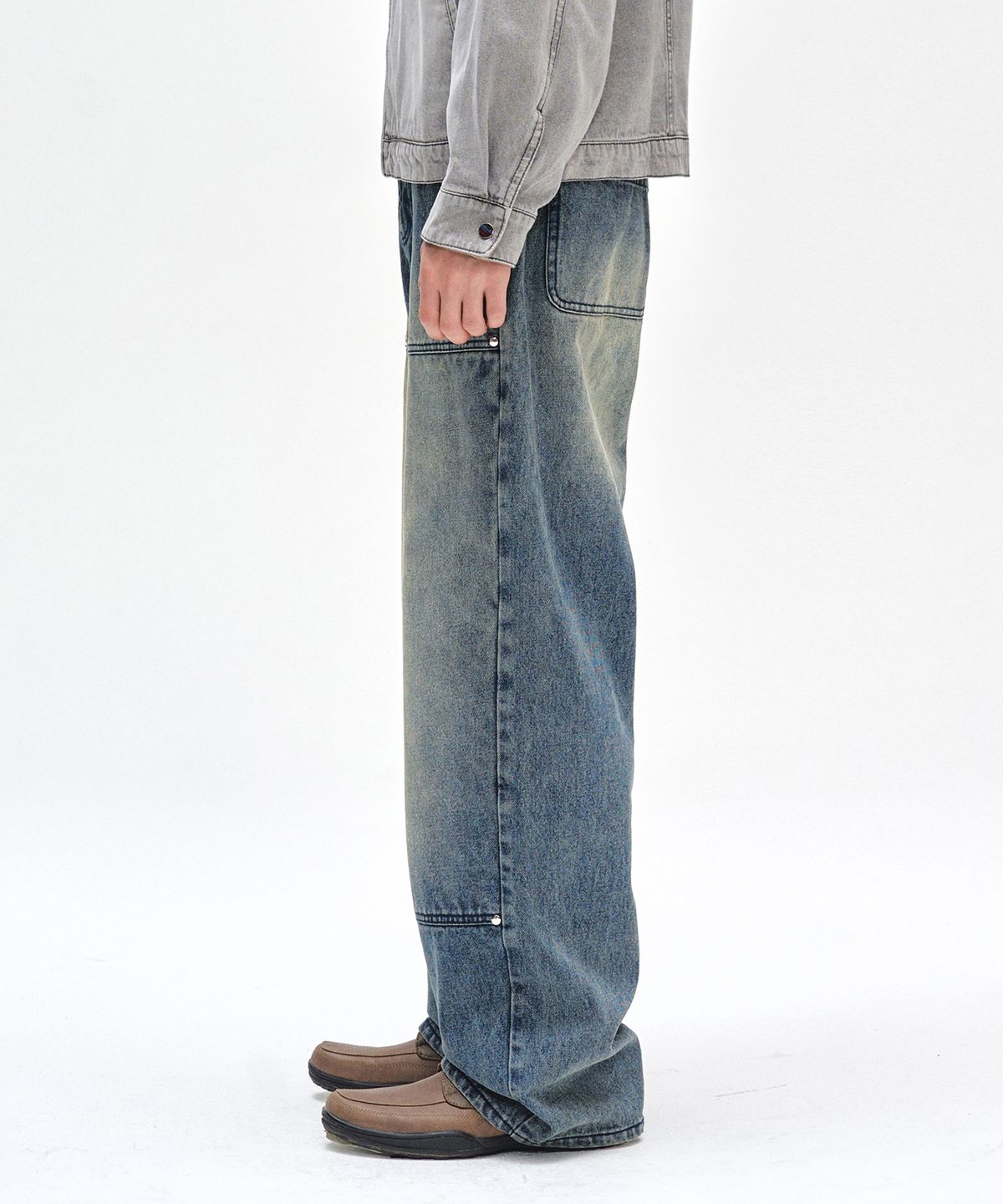 데케트(DECET) Double Knee Fatigue Wide Jeans DCPT052STNGRBlue