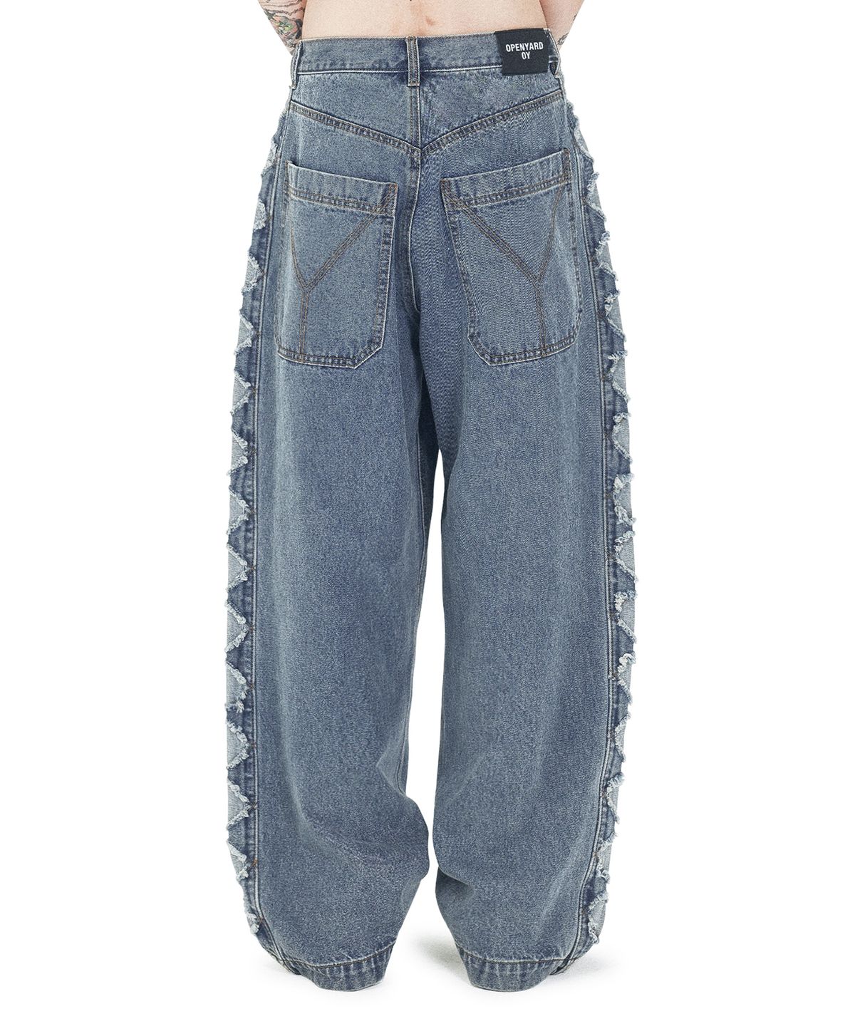오픈야드(오와이)(OPENYARD(OY)) DIAMOND CUTTING WASHED DENIM JEANS - BLUE