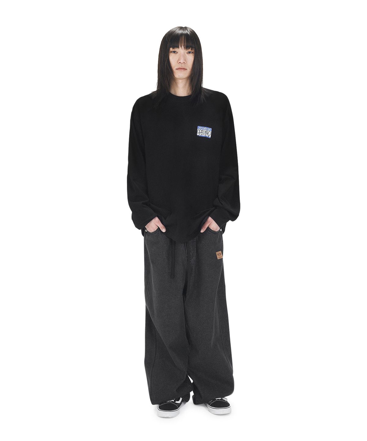 오픈야드(오와이)(OPENYARD(OY)) TORN NAME TAG LONG SLEEVE - BLACK