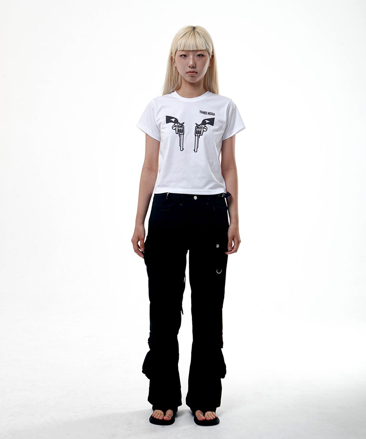 땡스메시아(THANKS MESSIA) ARCHIVE REVOLVER CROP TSHIRT-WHITE