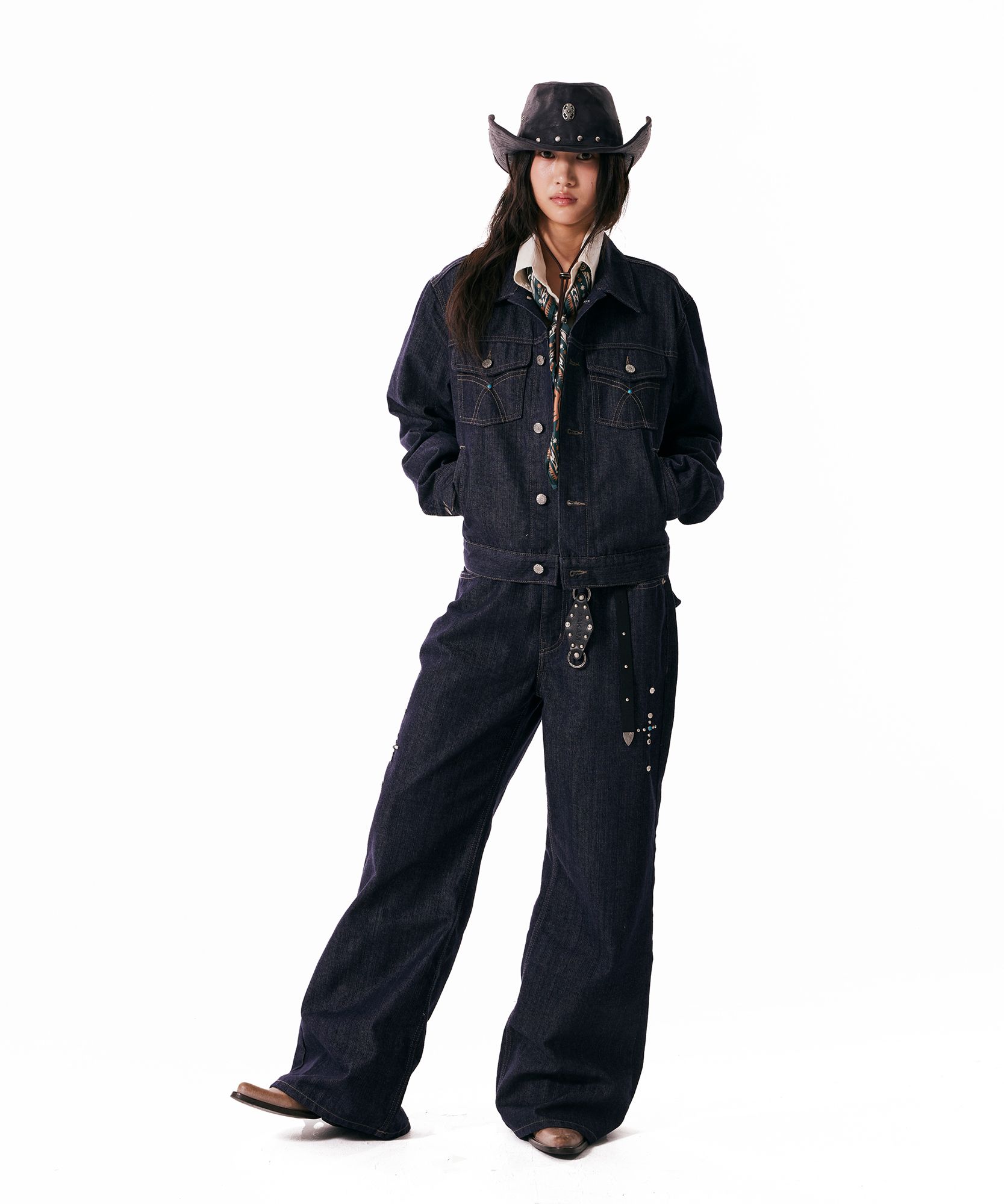 デニム・ジーパン AAKAM Western Studded Denim Pants 5FT1659 MUSINSA | AAKAM Western Studded Denim Pants (Dark Blue)