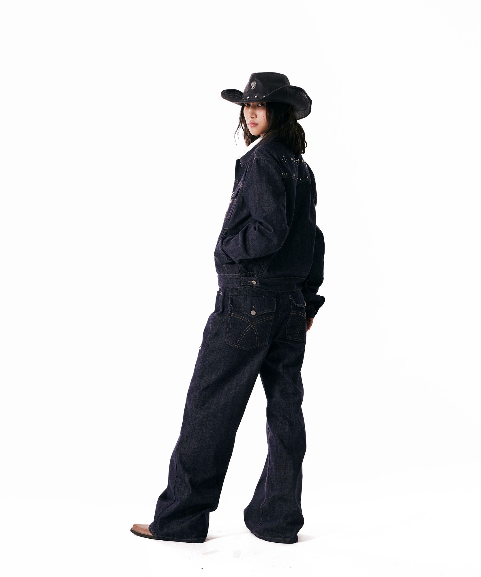 MUSINSA | AAKAM Western Studded Denim Pants (Dark Blue)
