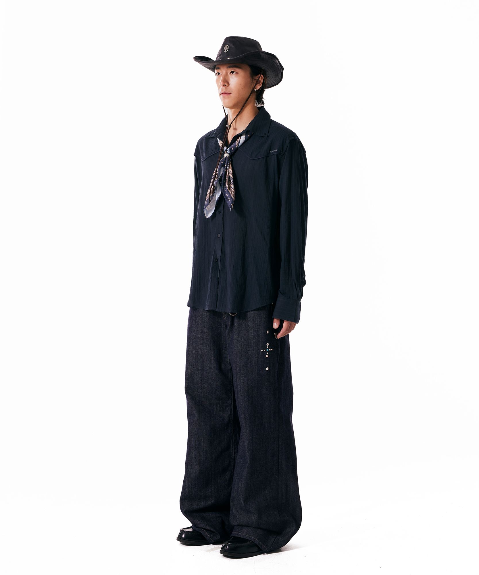 MUSINSA | AAKAM Western Studded Denim Pants (Dark Blue)