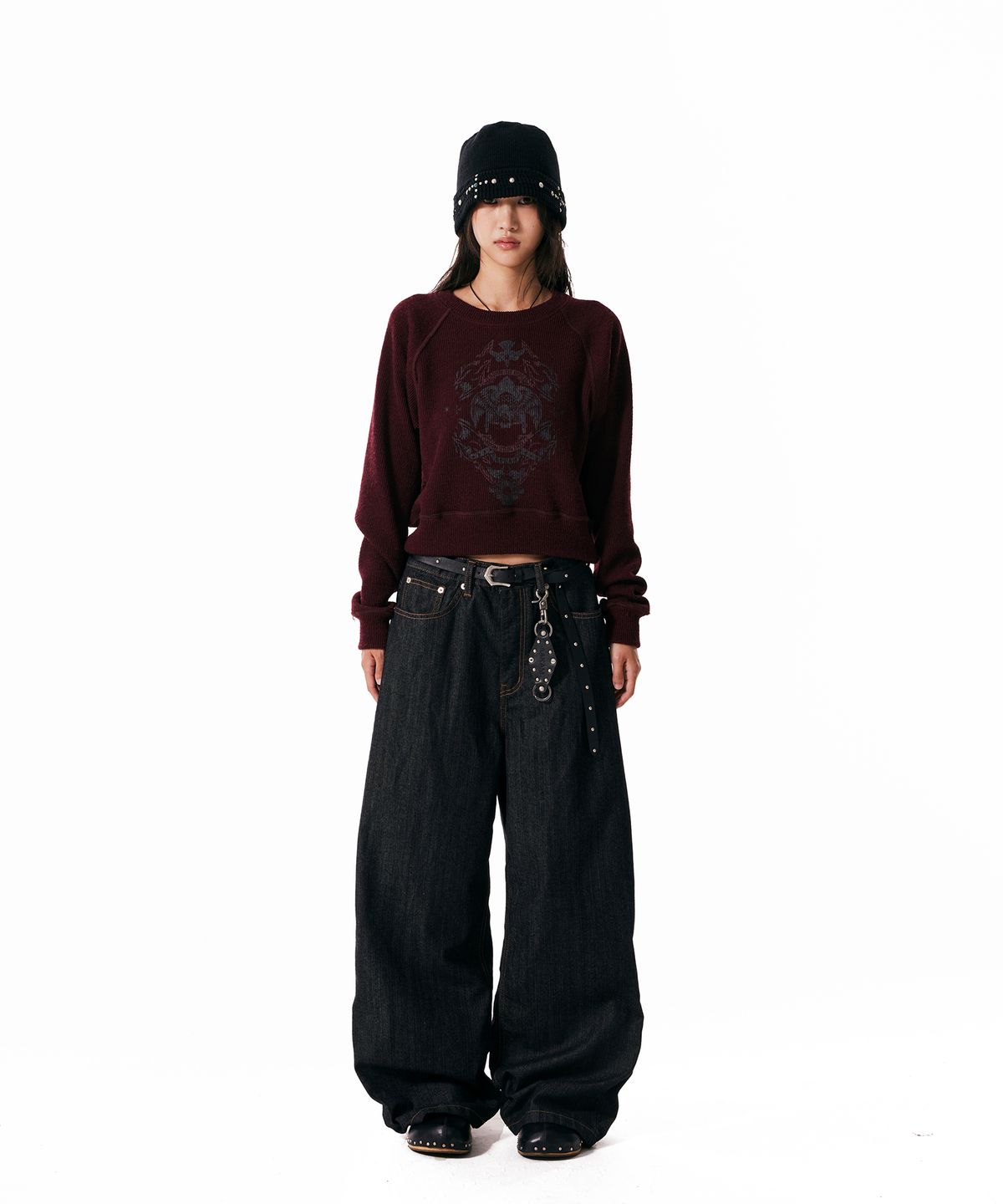 아캄(AAKAM) Leather Patch Denim Pants (Black)