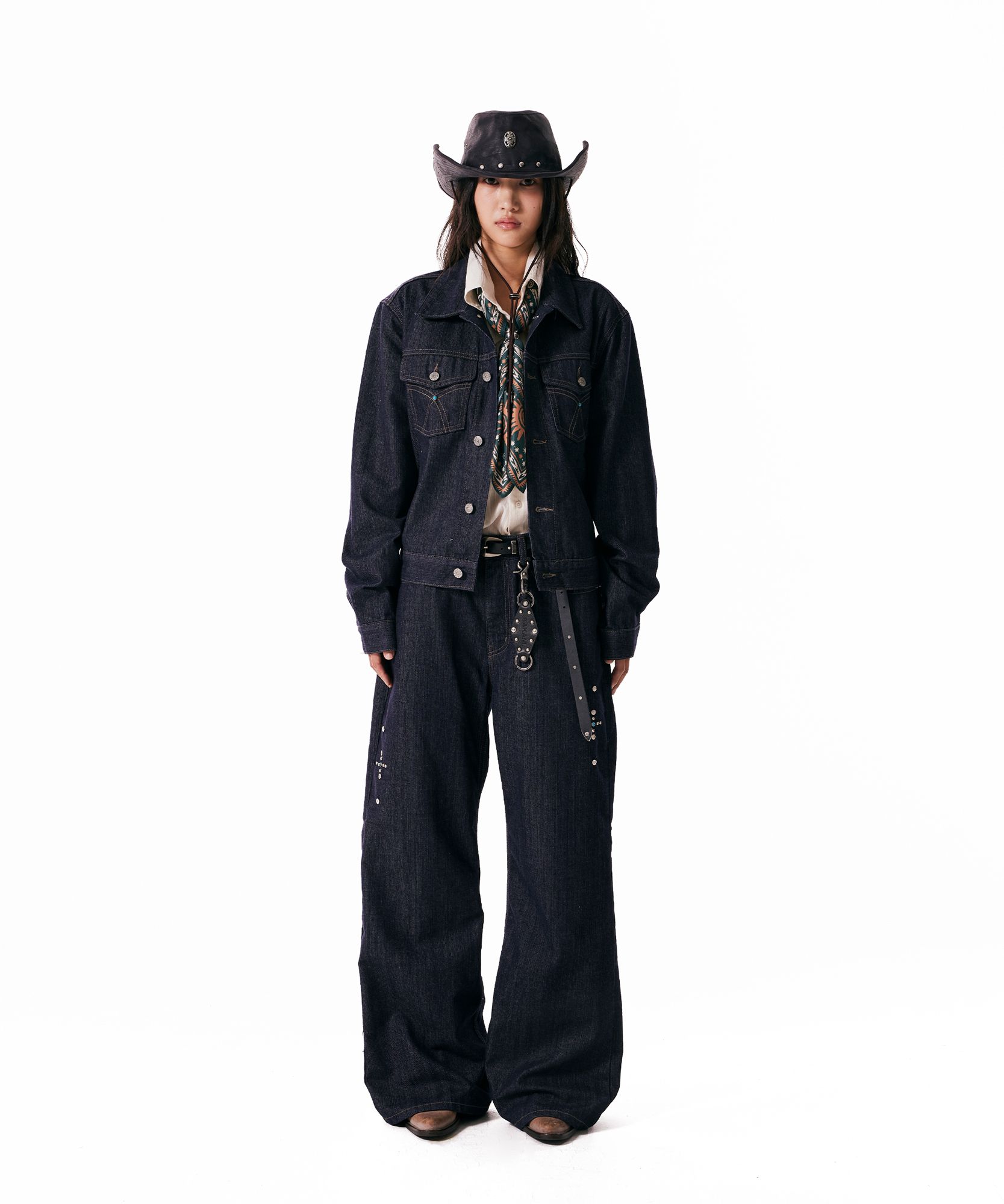 MUSINSA | AAKAM Western Studded Denim Jacket (Dark Blue)