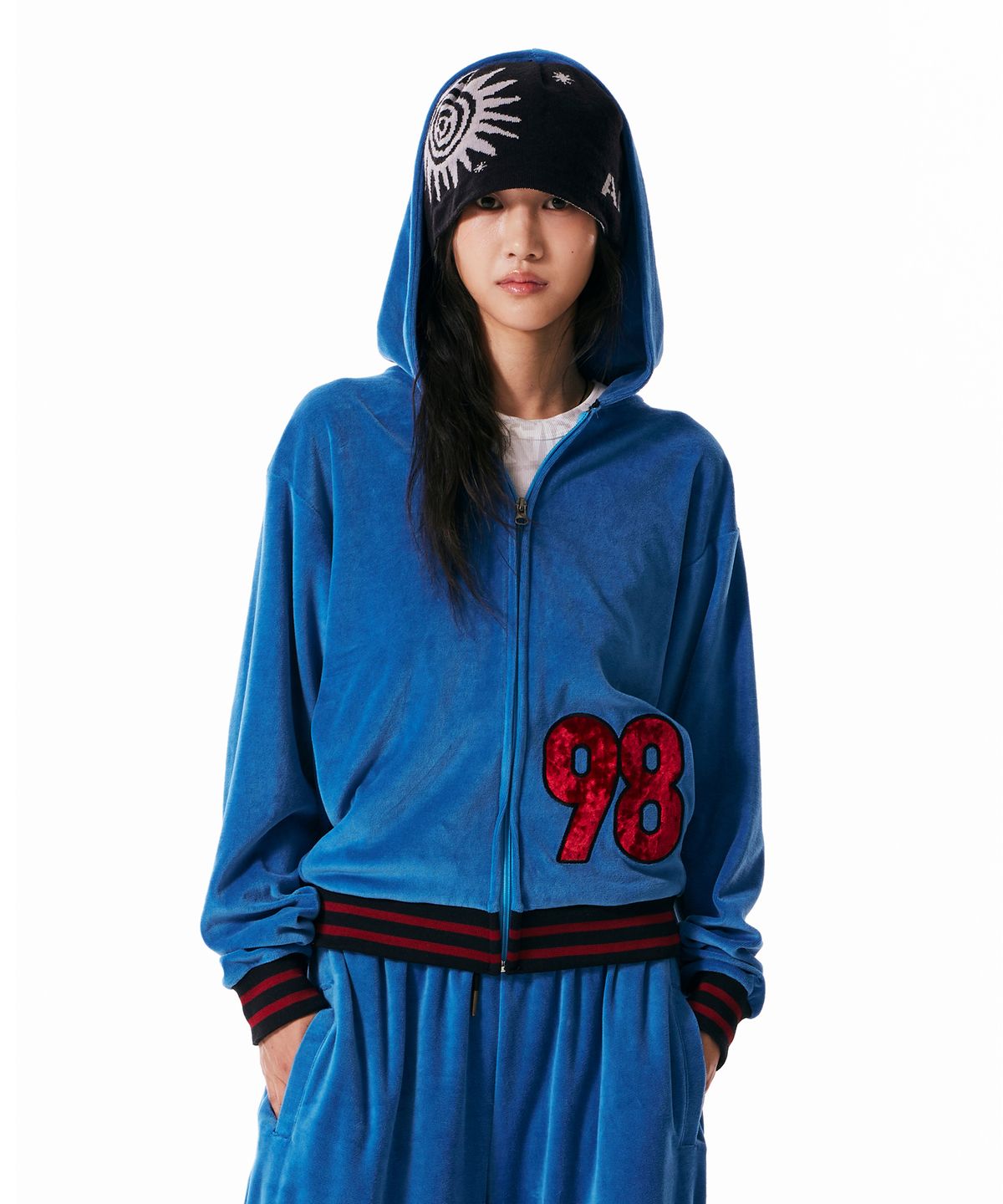 아캄(AAKAM) 98 Patch Velour Zip-Up Hoodie (Blue)