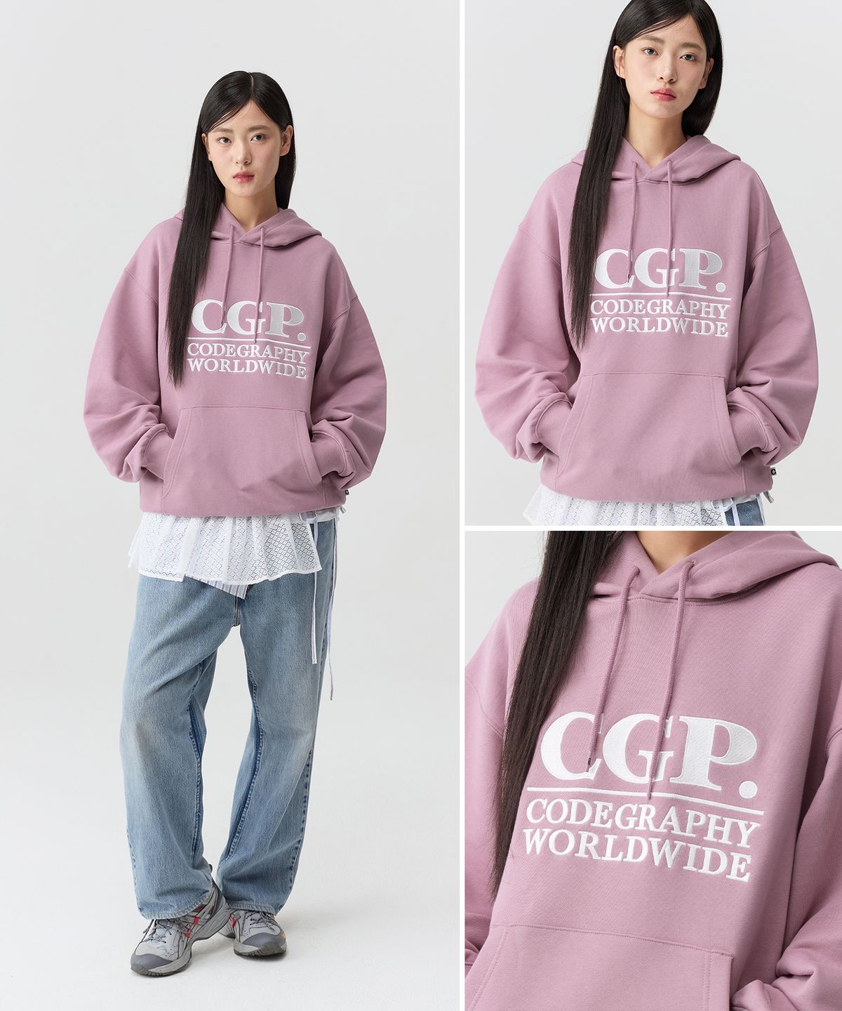 코드그라피(CGP) CGP 스퀘어 로고 후드티_페일핑크