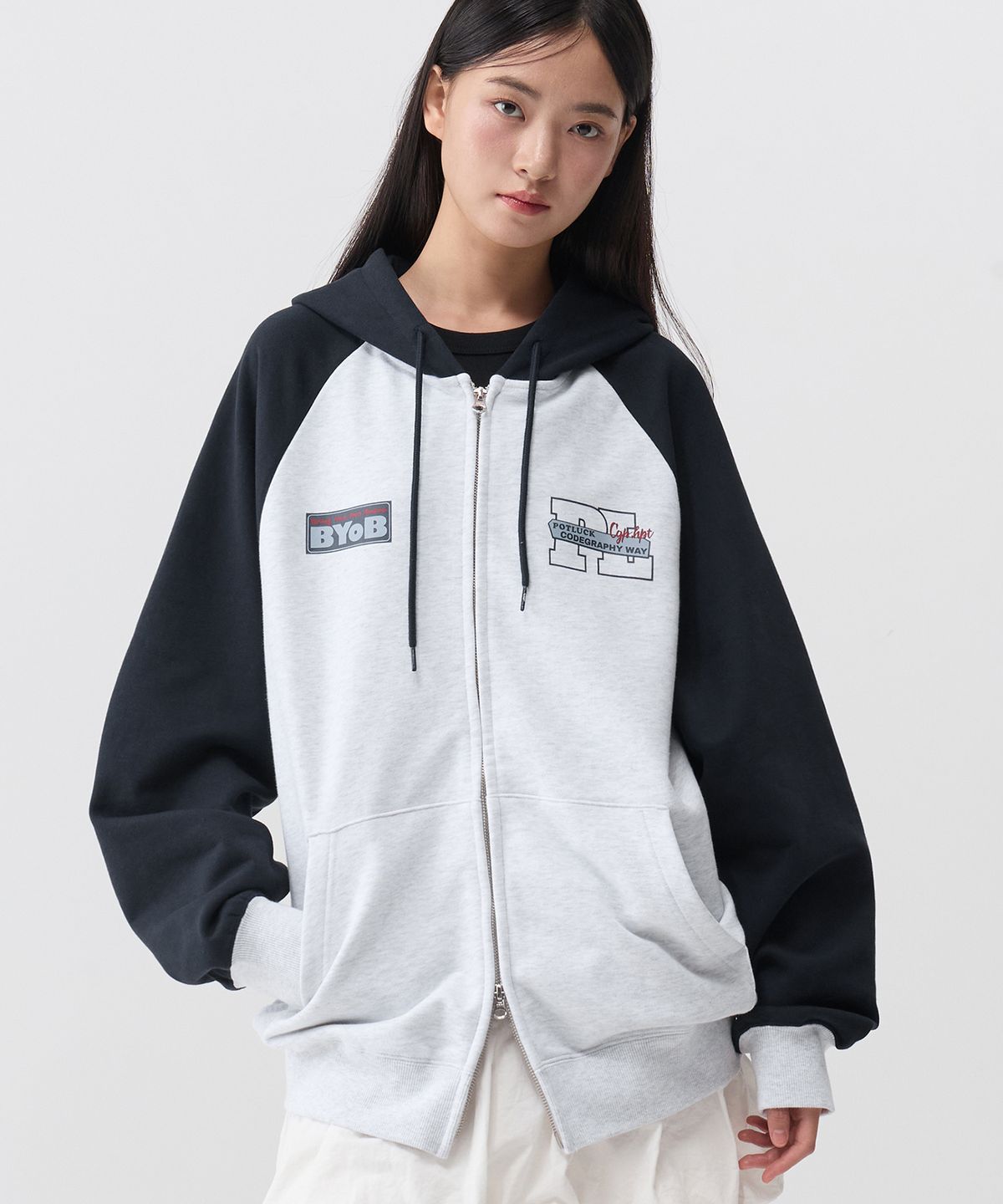 코드그라피(CGP) 래글런 배색 후드 집업_라이트 그레이