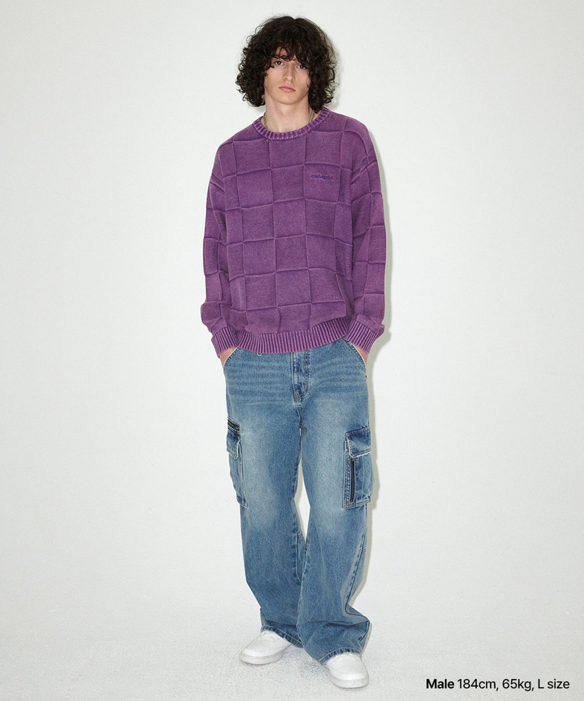 마하그리드(MAHAGRID) PIGMENT CHECKERBOARD KNIT SWEATER PURPLE(MG2EFMK600A)