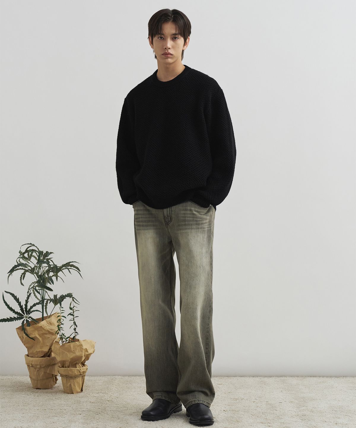 드로우핏(DRAW FIT) 와플 텍스쳐 라운드 풀오버 니트 [BLACK]