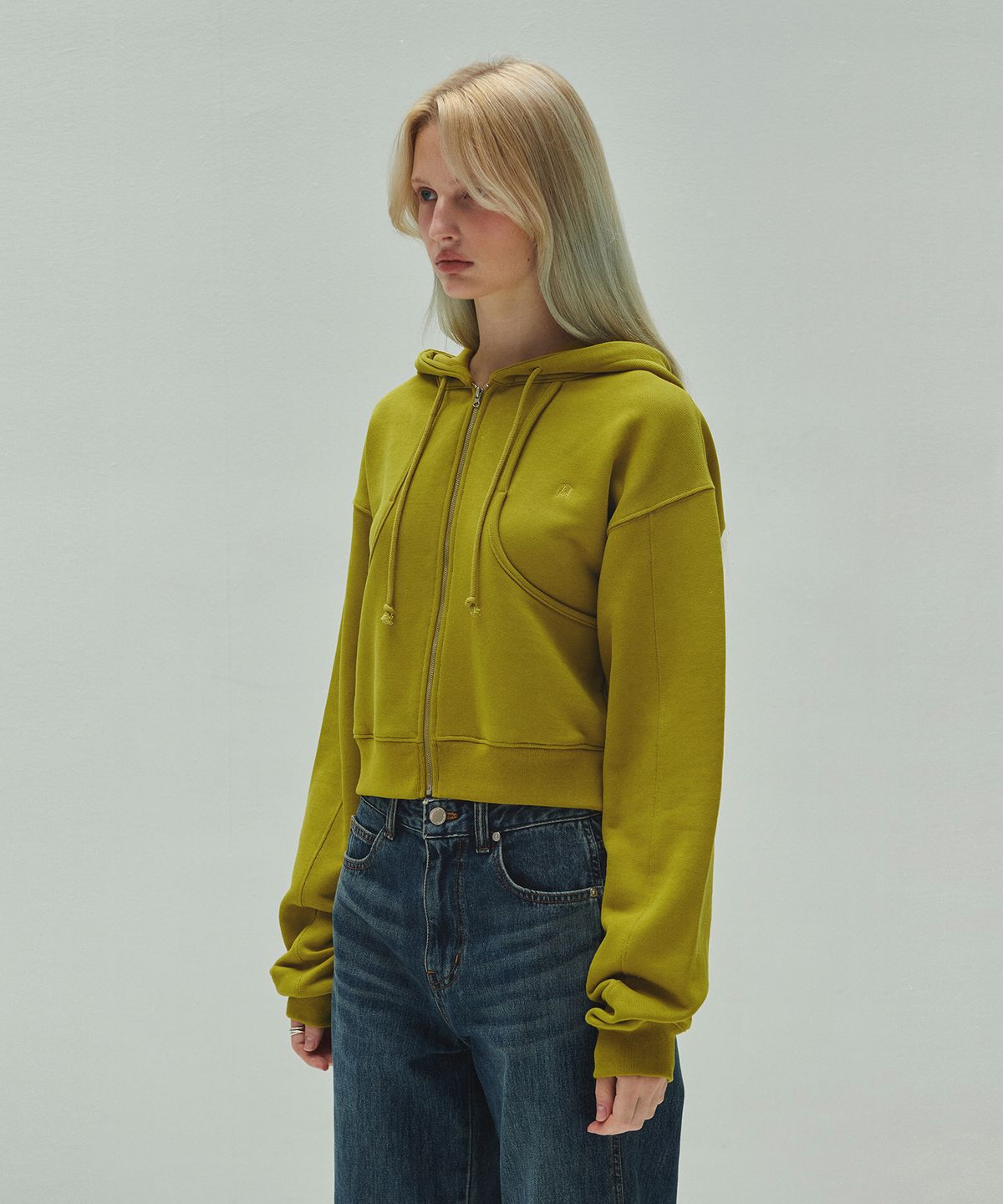 다이애그널(DIAGONAL) CROPPED HOODIE ZIP UP (olive)