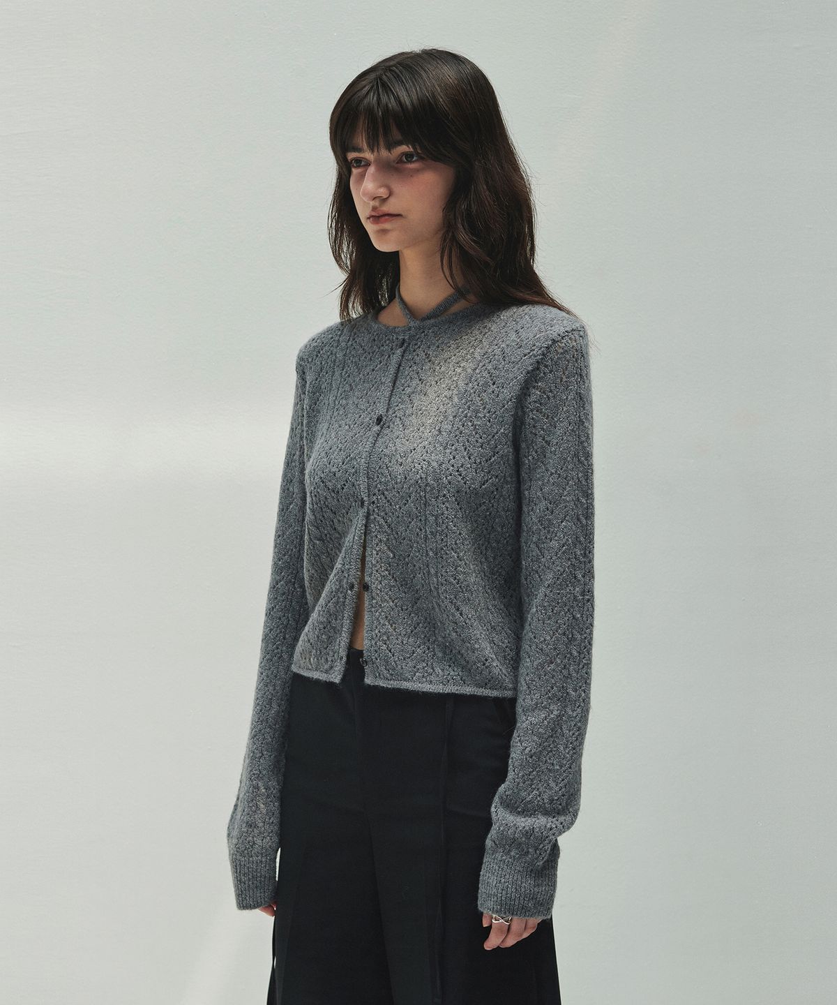 다이애그널(DIAGONAL) LACE PUNCHING KNIT CARDIGAN (melange grey)