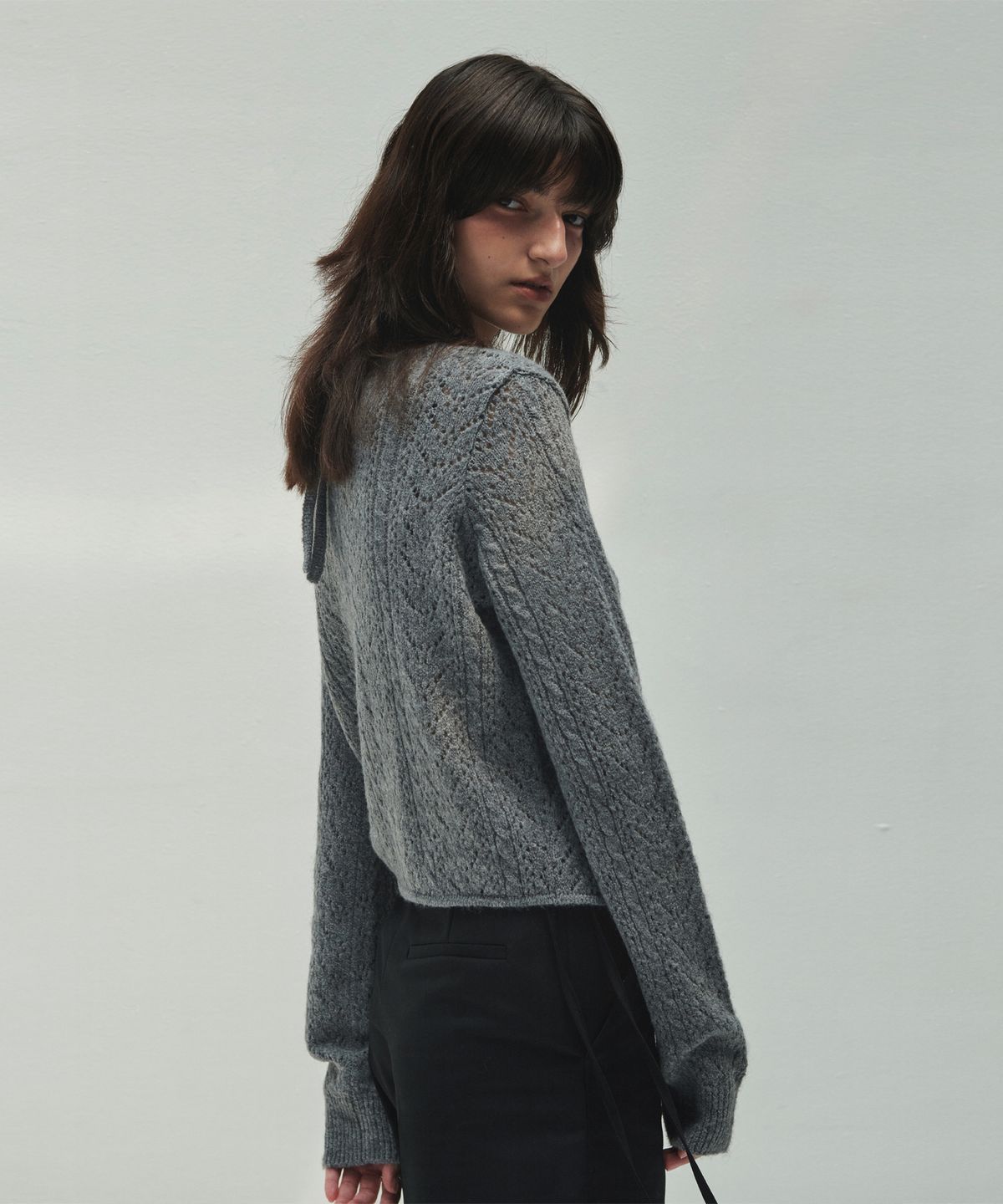 다이애그널(DIAGONAL) LACE PUNCHING KNIT CARDIGAN (melange grey)
